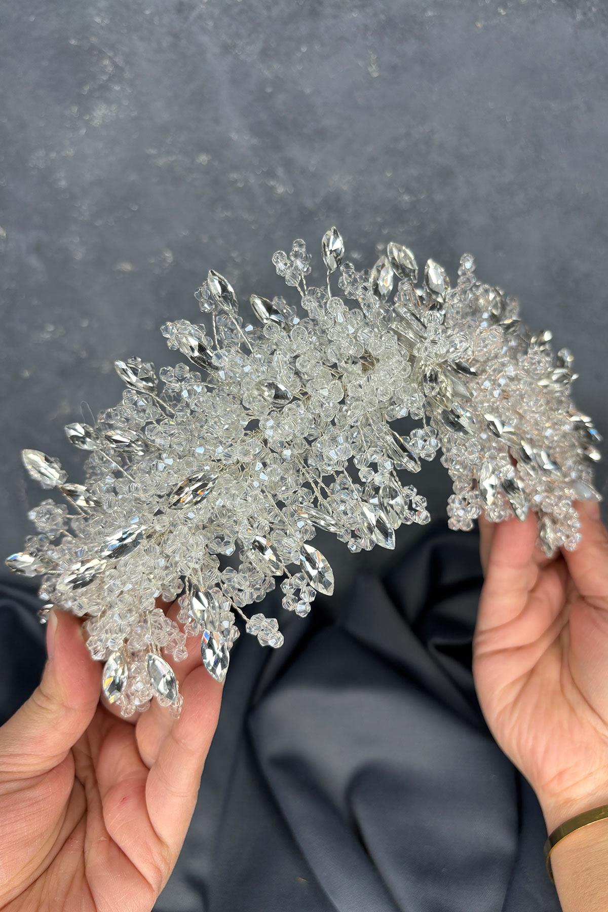 Transparent Silver Elena Bridal Tiara with Intense Beadwork, Hair and Turban Accessory