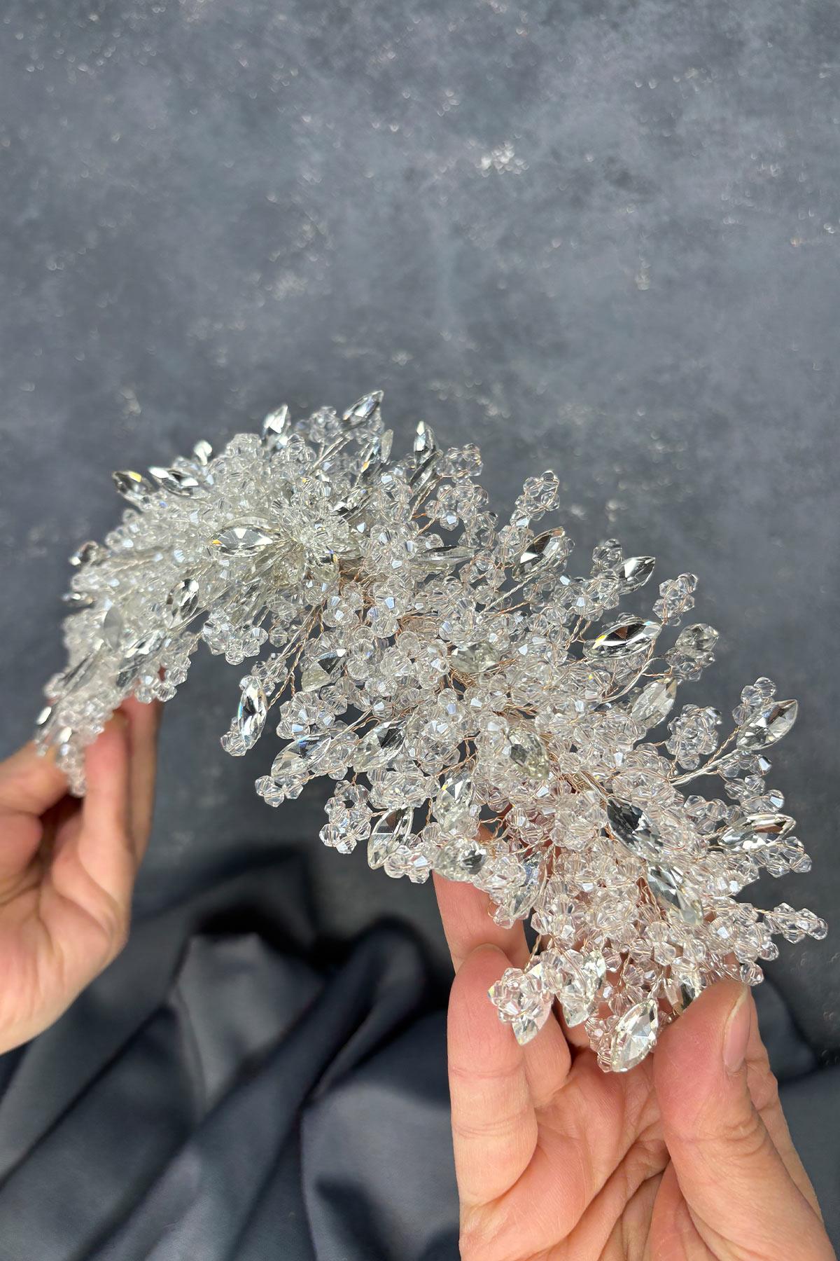 Transparent Silver Elena Bridal Tiara with Intense Beadwork, Hair and Turban Accessory