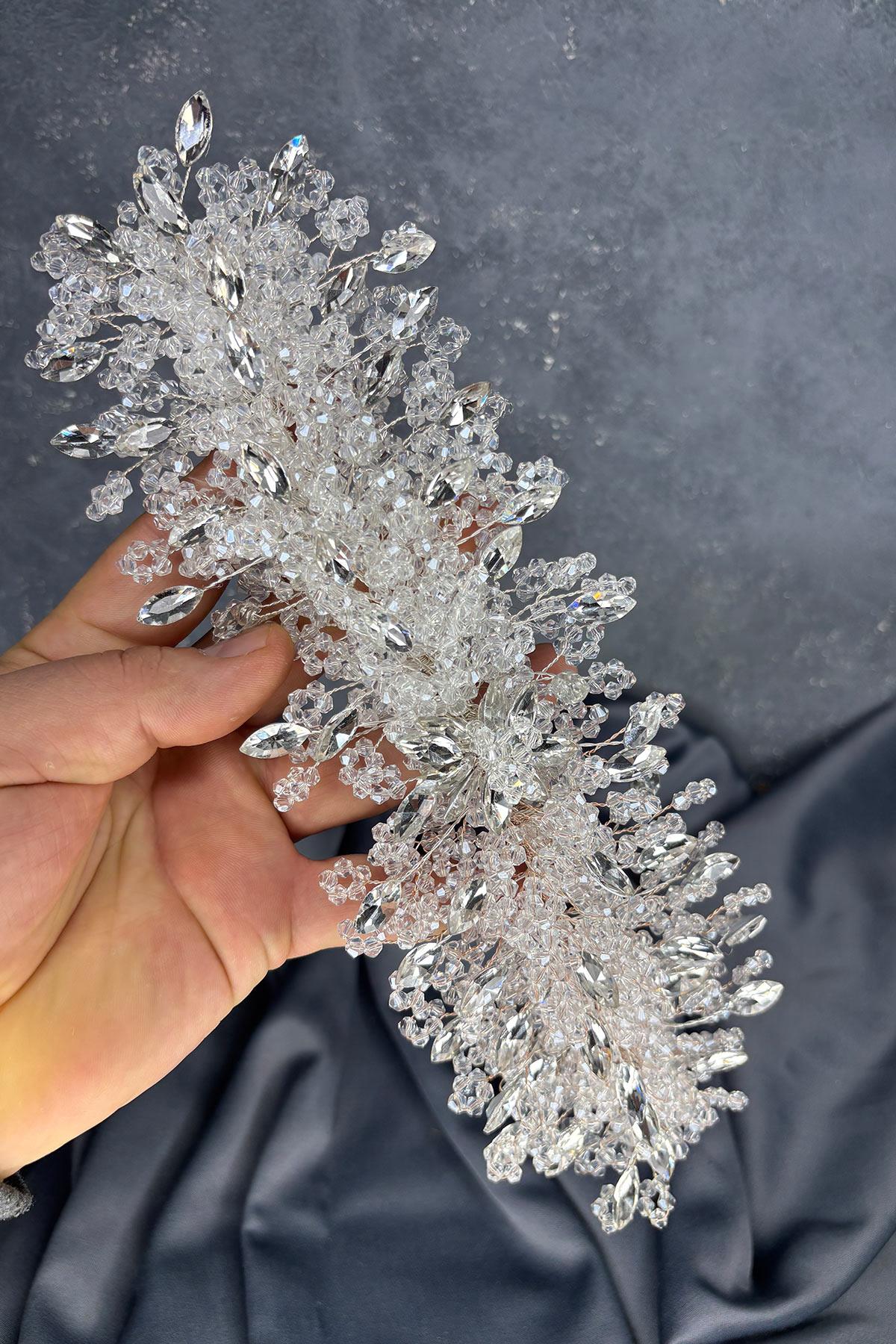 Transparent Silver Elena Bridal Tiara with Intense Beadwork, Hair and Turban Accessory