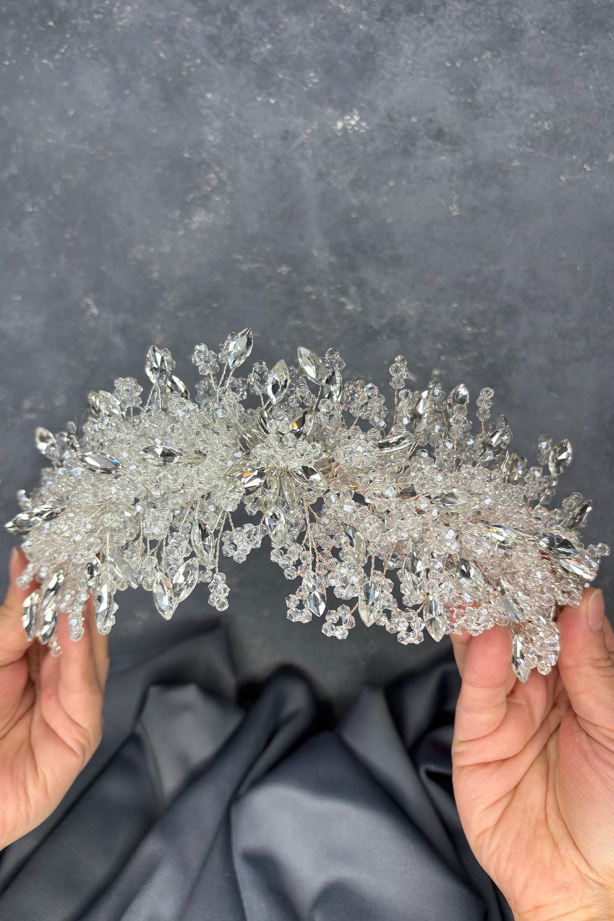 Transparent Silver Elena Bridal Tiara with Intense Beadwork, Hair and Turban Accessory