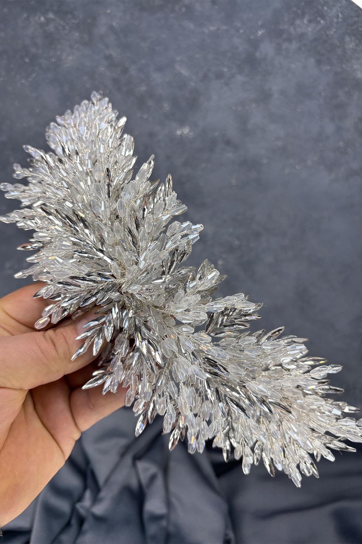 Şeffaf Gümüş Eva Yoğun Boncuk İşlemeli Gelin Kına Tacı