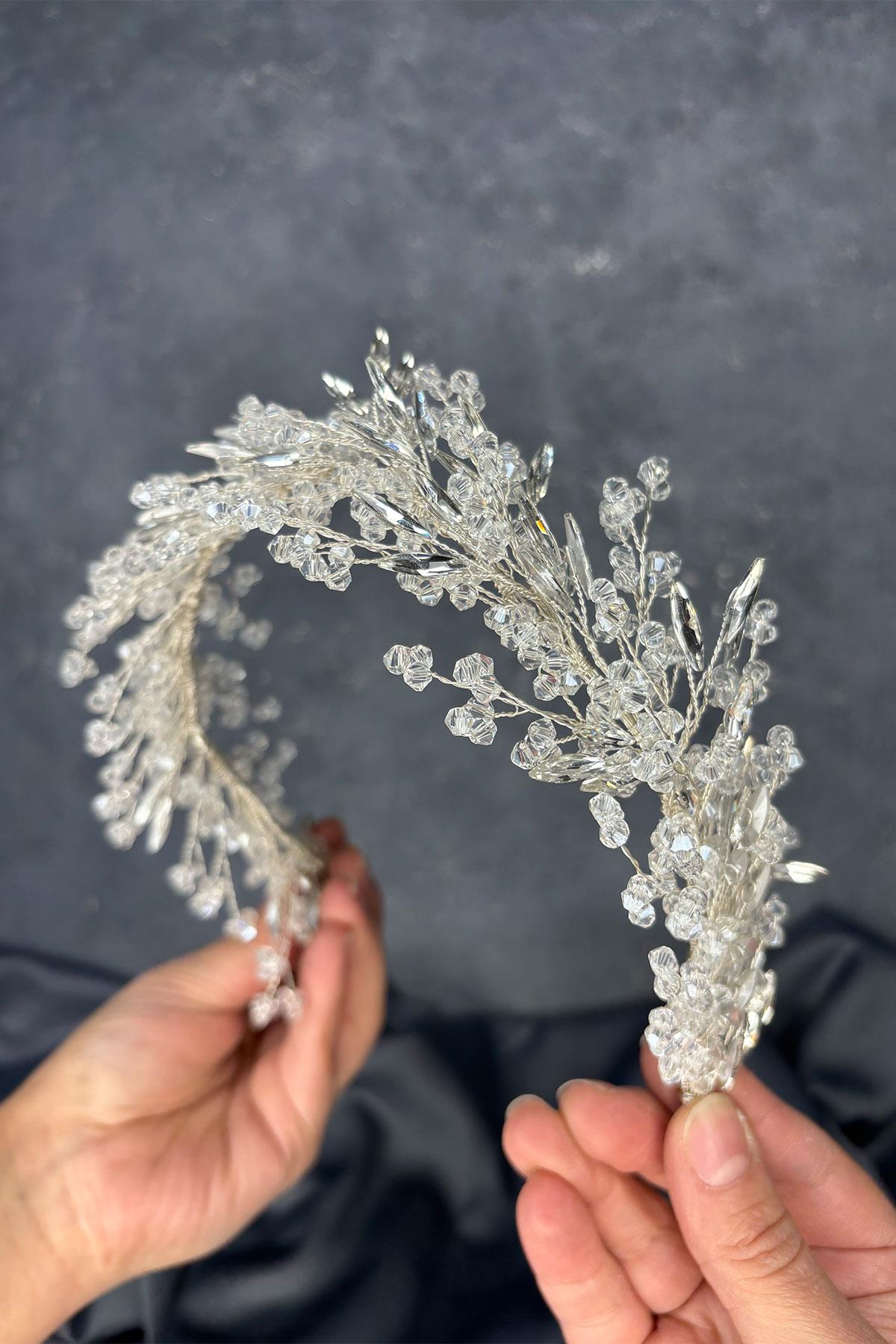 Transparent Silver Hera Crystal Beaded Bridal Henna Tiara Hair and Turban Accessory