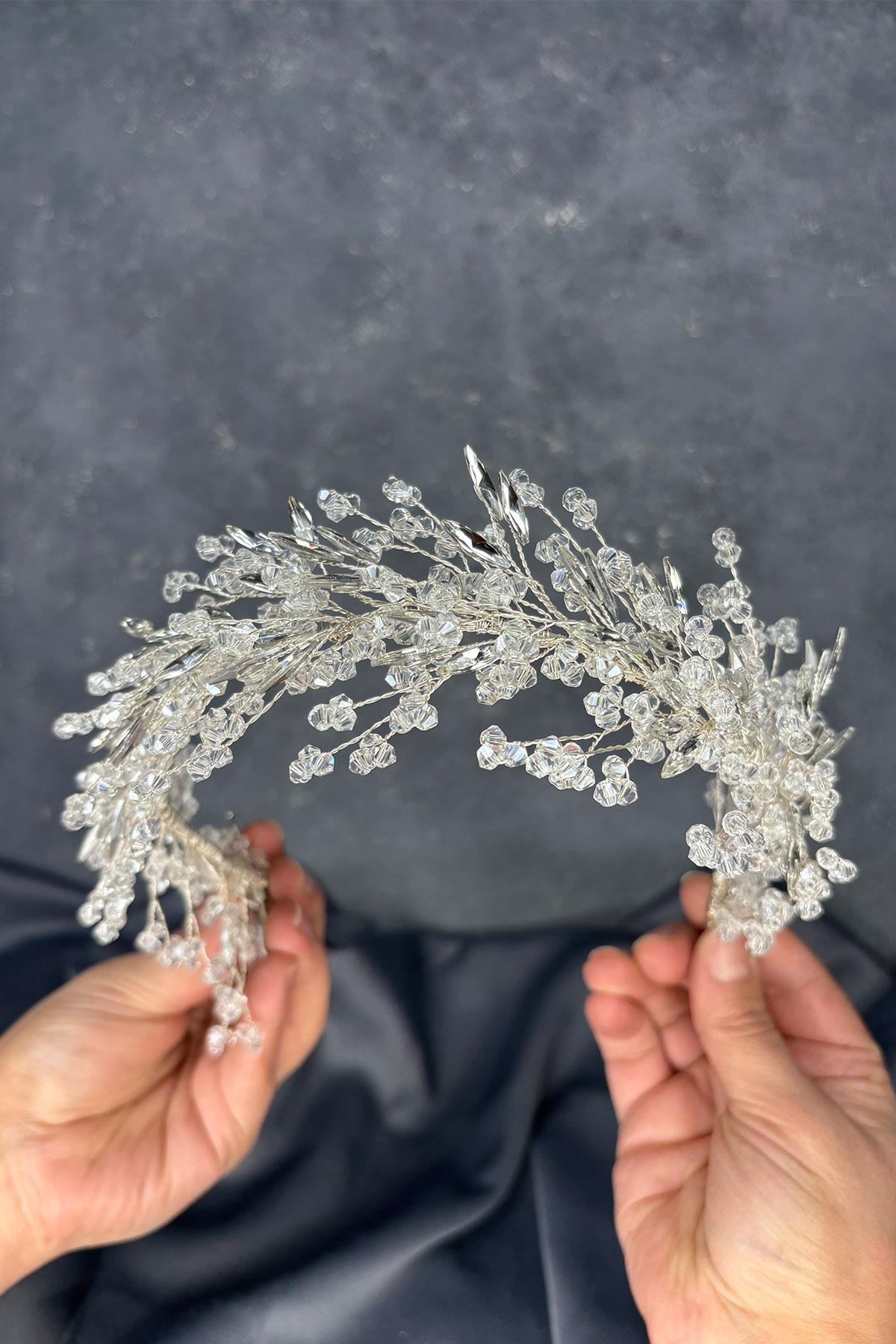 Transparent Silver Hera Crystal Beaded Bridal Henna Tiara Hair and Turban Accessory