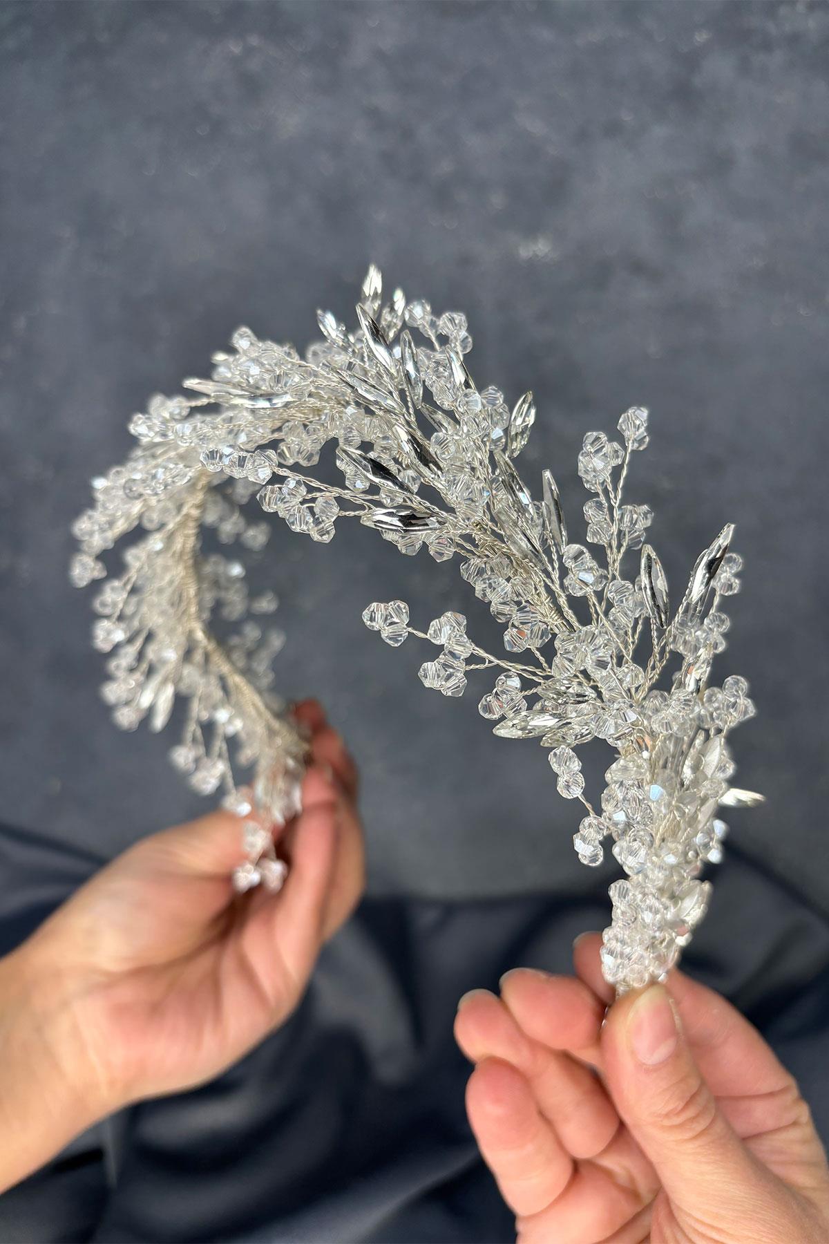 Transparent Silver Hera Crystal Beaded Bridal Henna Tiara Hair and Turban Accessory