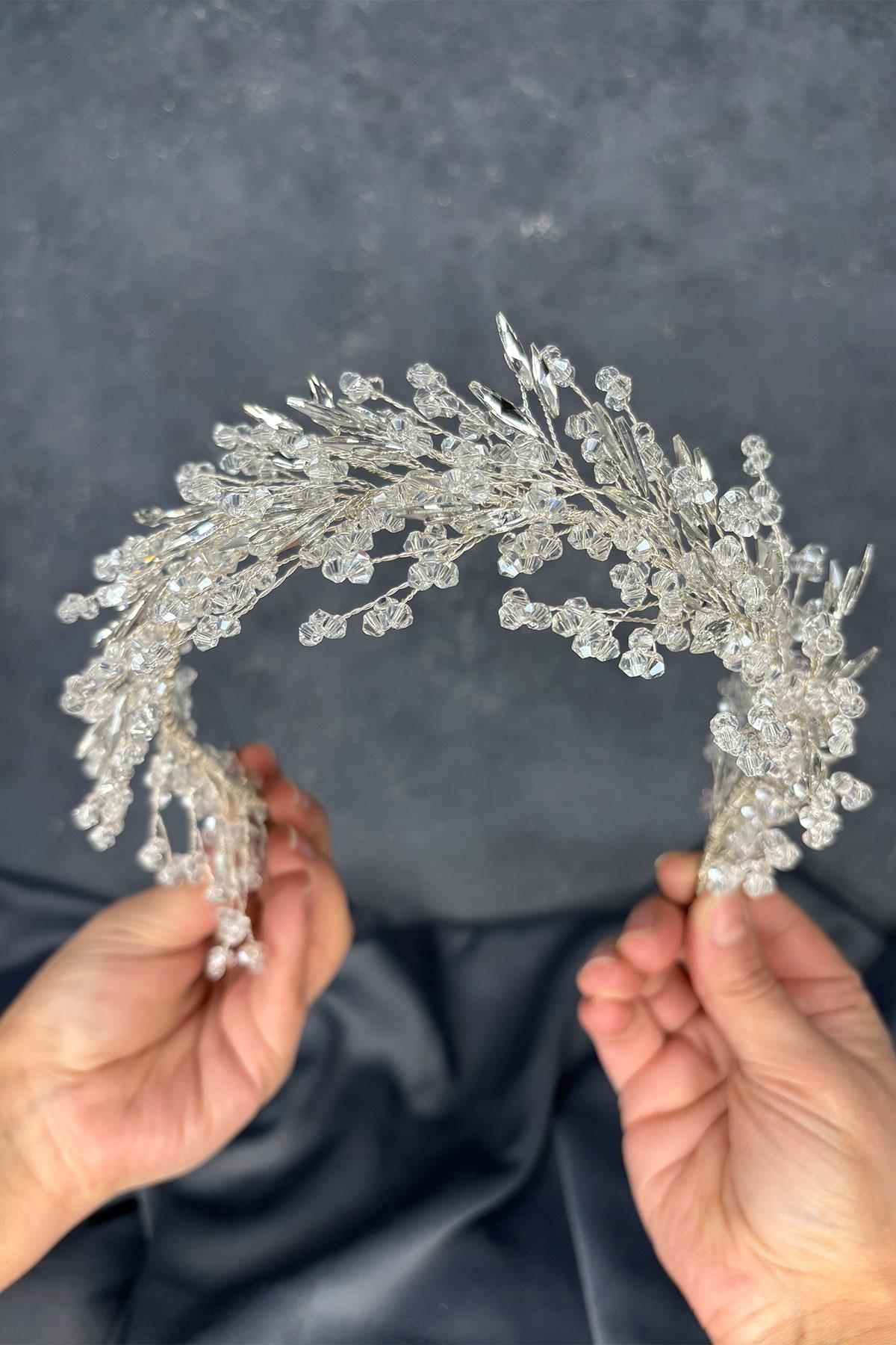 Transparent Silver Hera Crystal Beaded Bridal Henna Tiara Hair and Turban Accessory