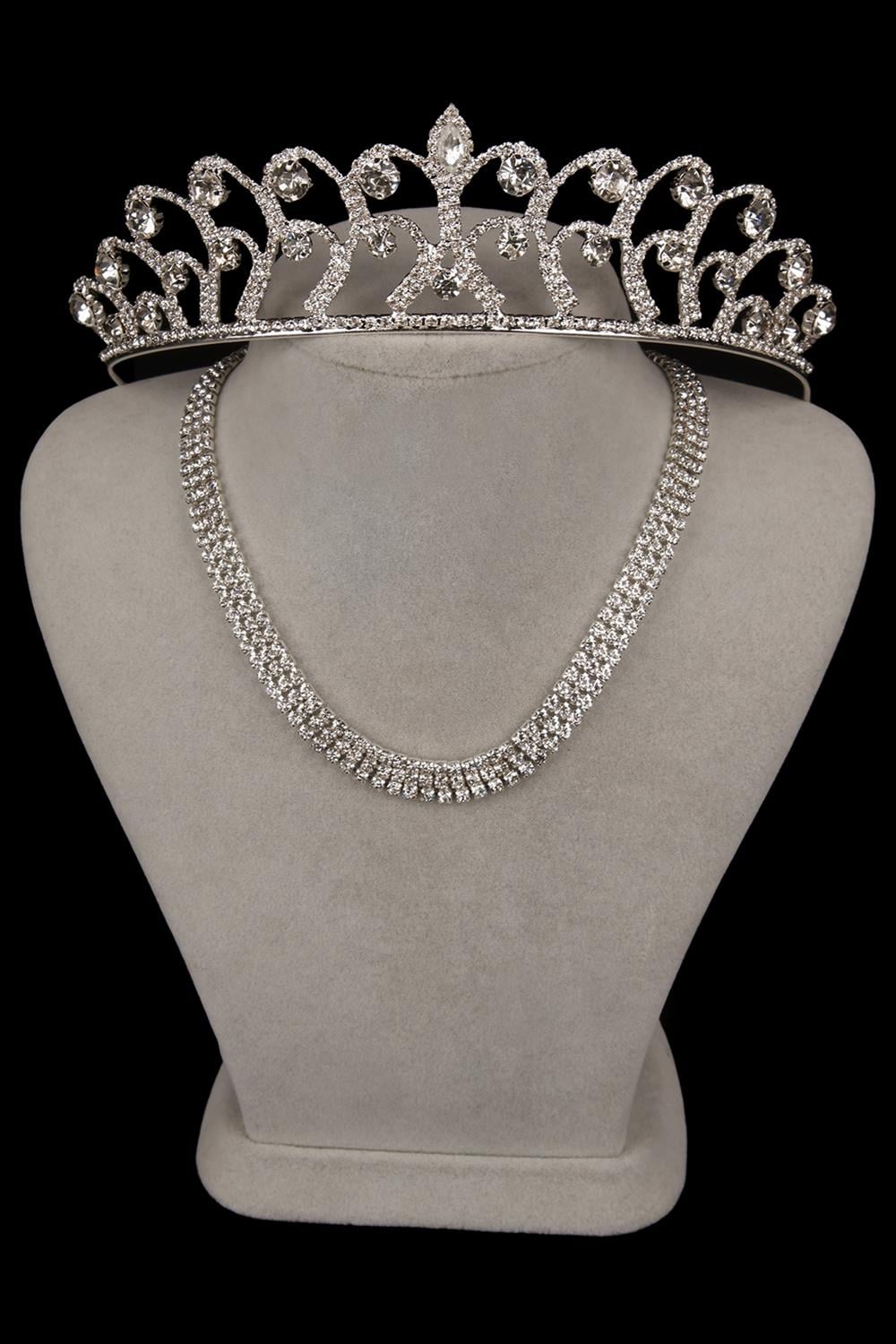 Stylish 3 Row Crystal Stone Evening Necklace and Thin Leaf Bridal Crown
