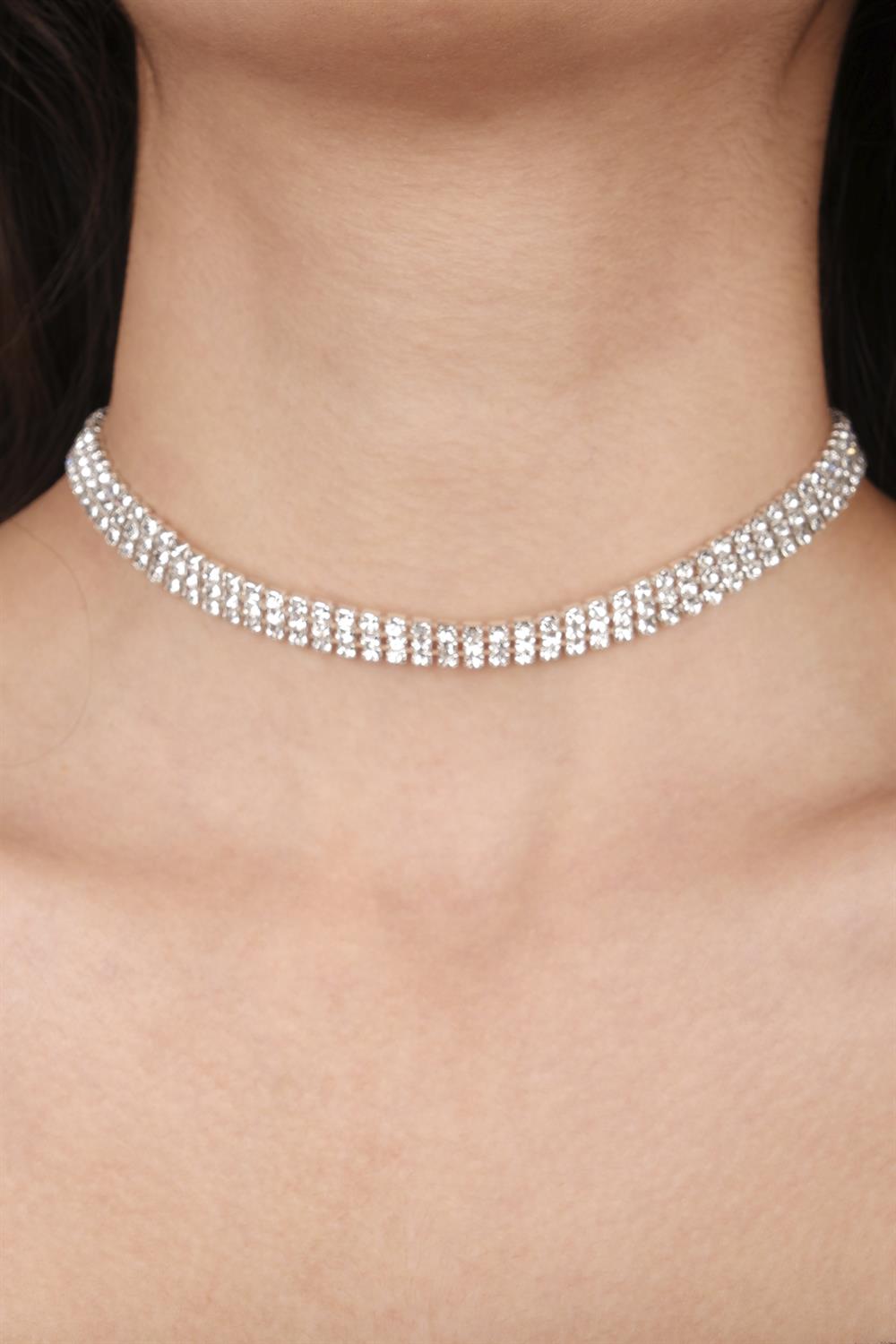 Stylish 3 Row Crystal Stone Evening Necklace and Tulip Bridal Crown