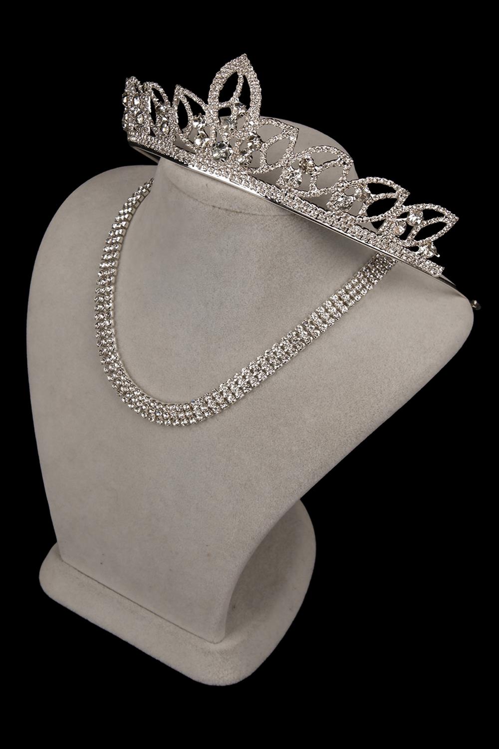Stylish 3 Row Crystal Stone Evening Necklace and Leaf Bridal Crown