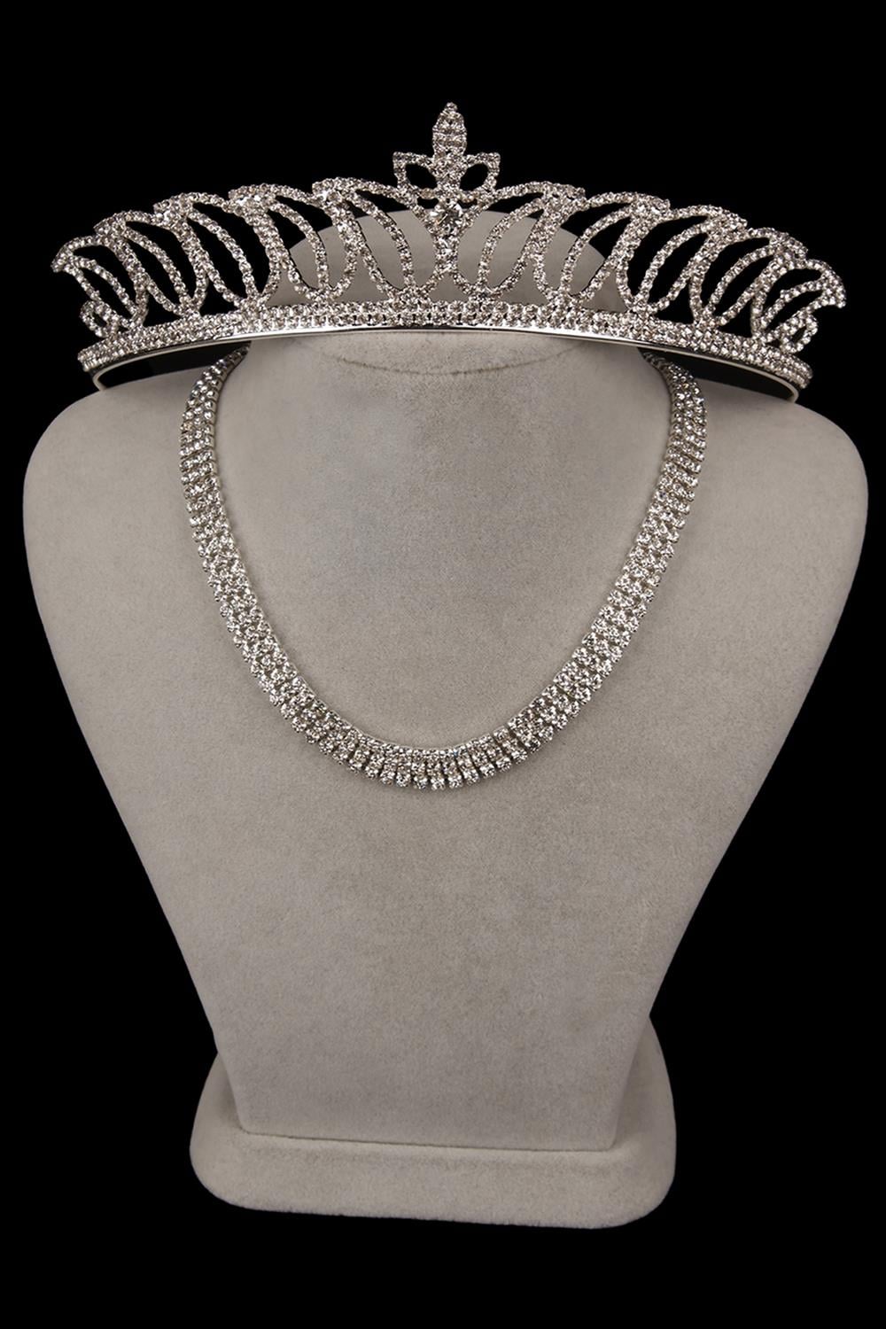 Stylish 3 Row Crystal Stone Evening Necklace and Tulip Bridal Crown