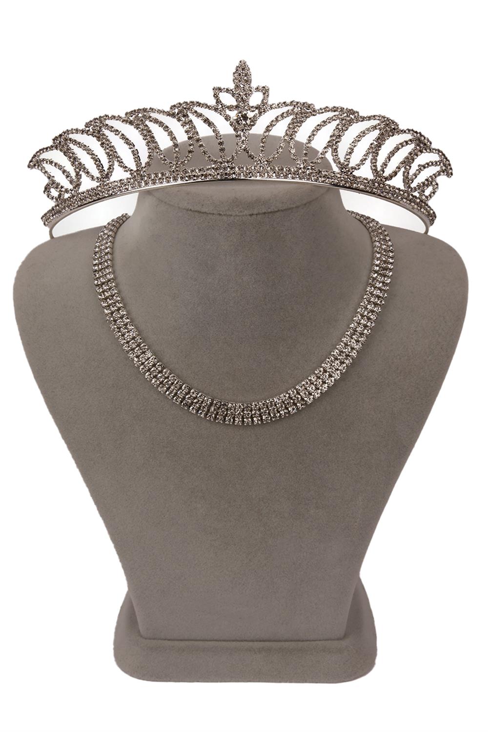 Stylish 3 Row Crystal Stone Evening Necklace and Tulip Bridal Crown