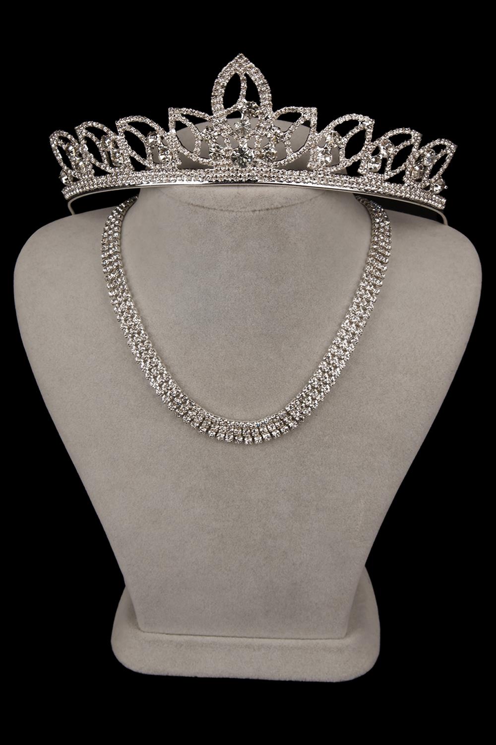 Stylish 3 Row Crystal Stone Evening Necklace and Leaf Bridal Crown