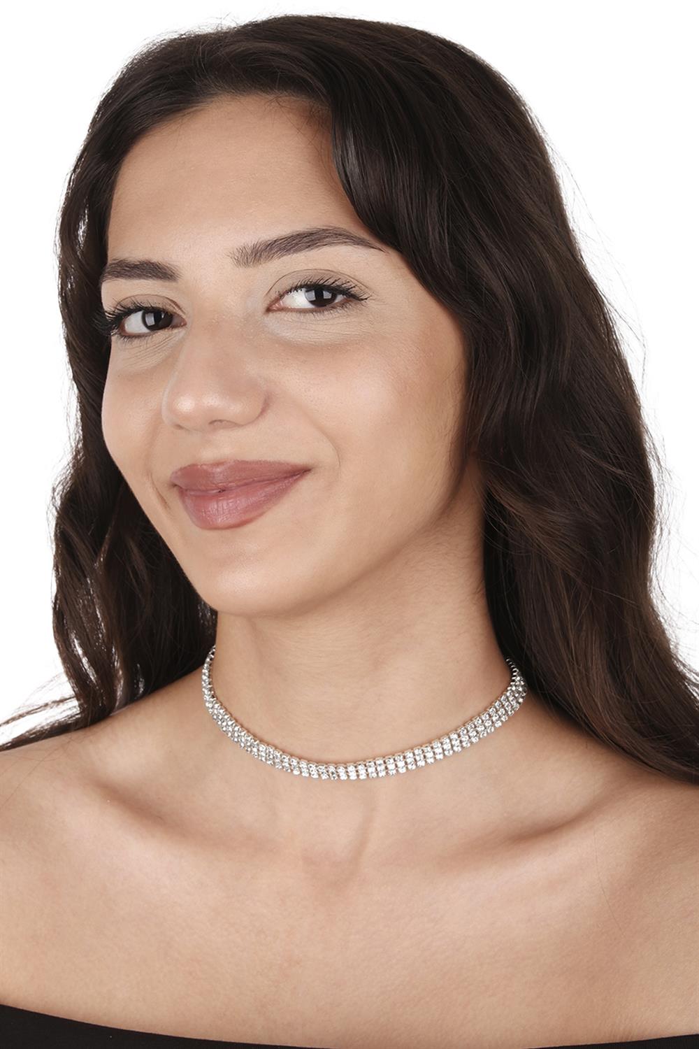 Stylish 3 Row Crystal Stone Evening Necklace and Tulip Bridal Crown