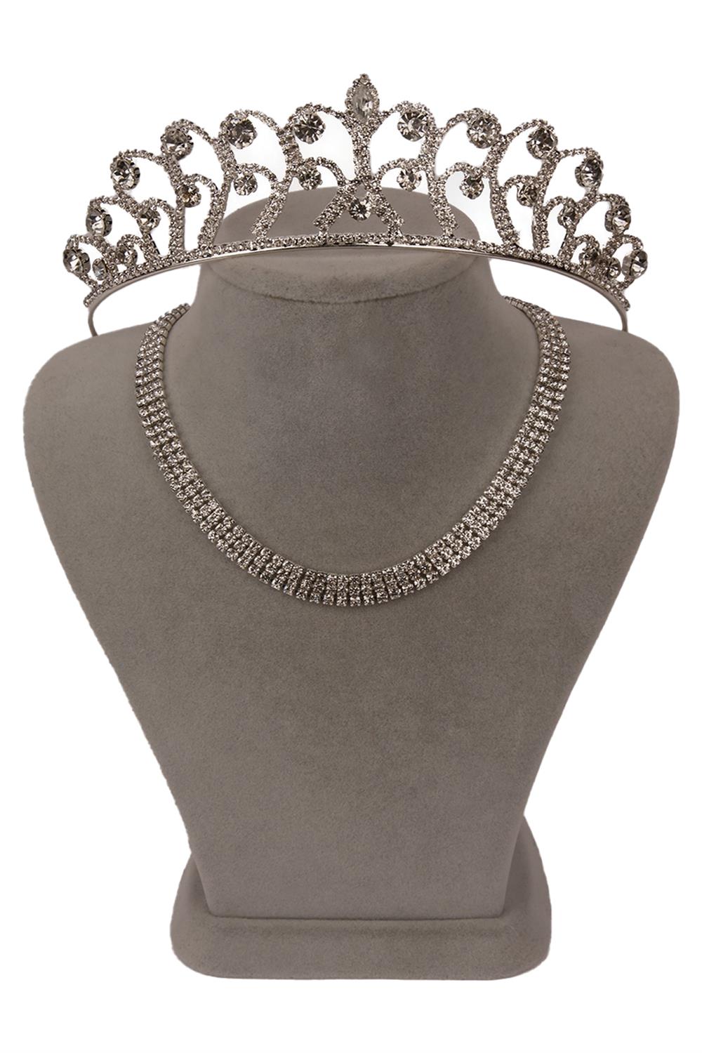 Stylish 3 Row Crystal Stone Evening Necklace and Thin Leaf Bridal Crown