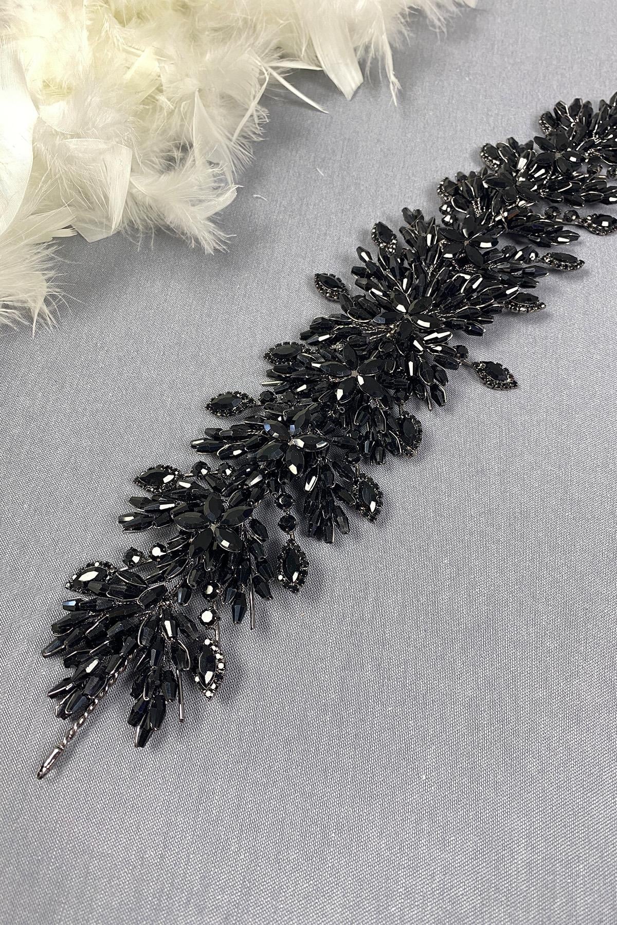 Black Arden Crystal Beaded Hair Band and Bridal Henna Crown