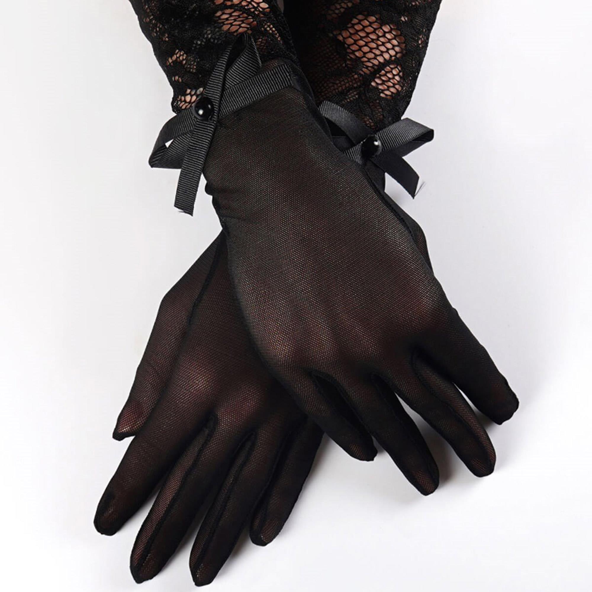 Toptan Siyah Bileği Dantelli ve Fiyonklu Gelin Eldiveni