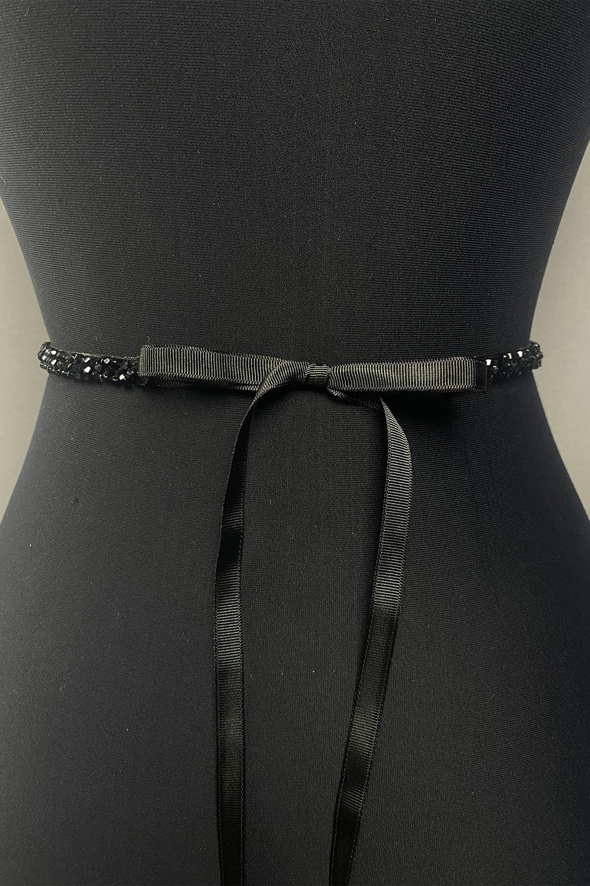 Black Bead Embroidered Dress Belt Waist Accessory