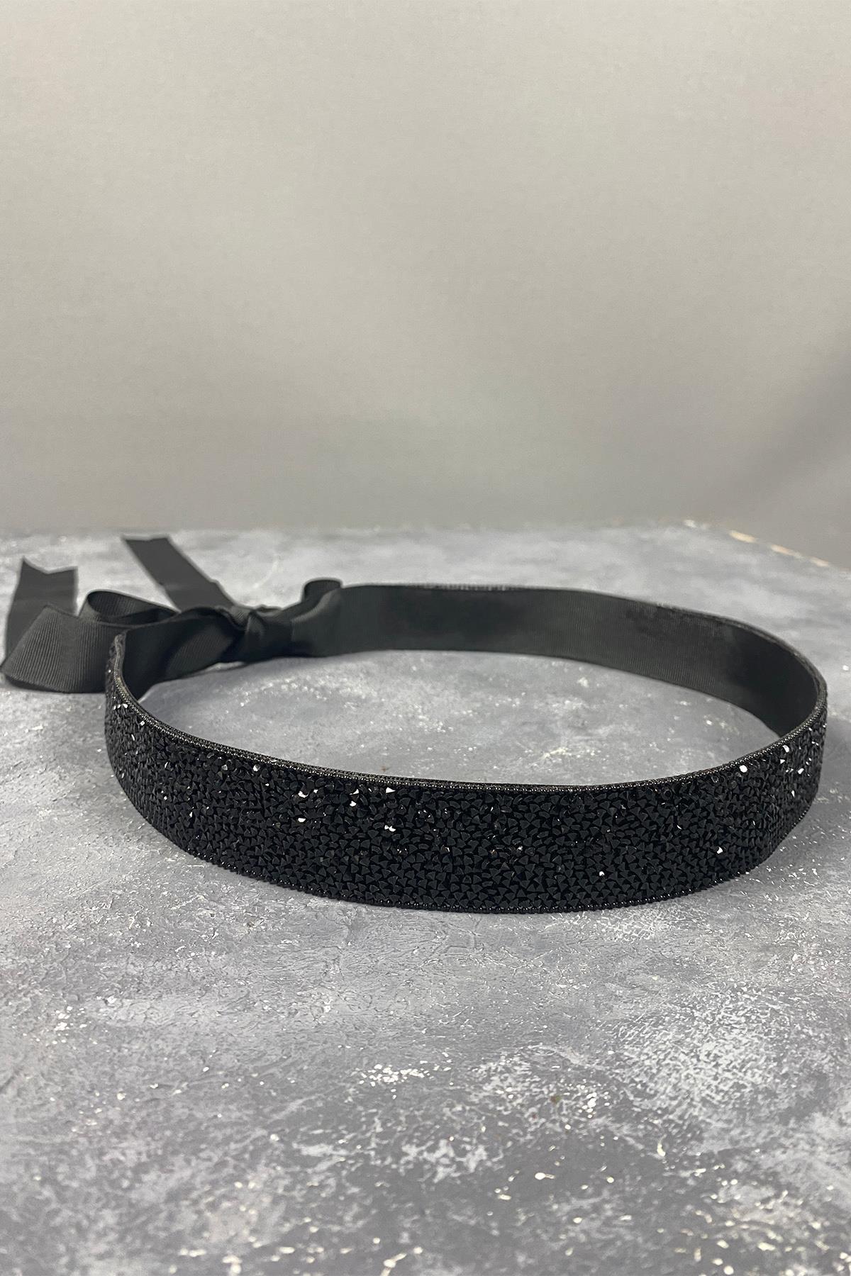 Siyah Boncuk İşlemeli Zincirli Taşlı Abiye Elbise Bel Kemeri