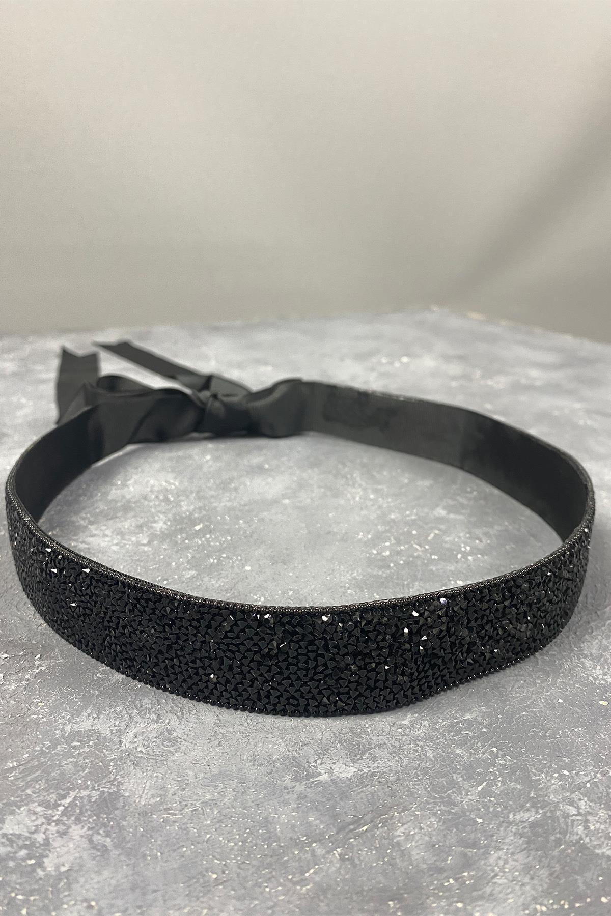 Siyah Boncuk İşlemeli Zincirli Taşlı Abiye Elbise Bel Kemeri