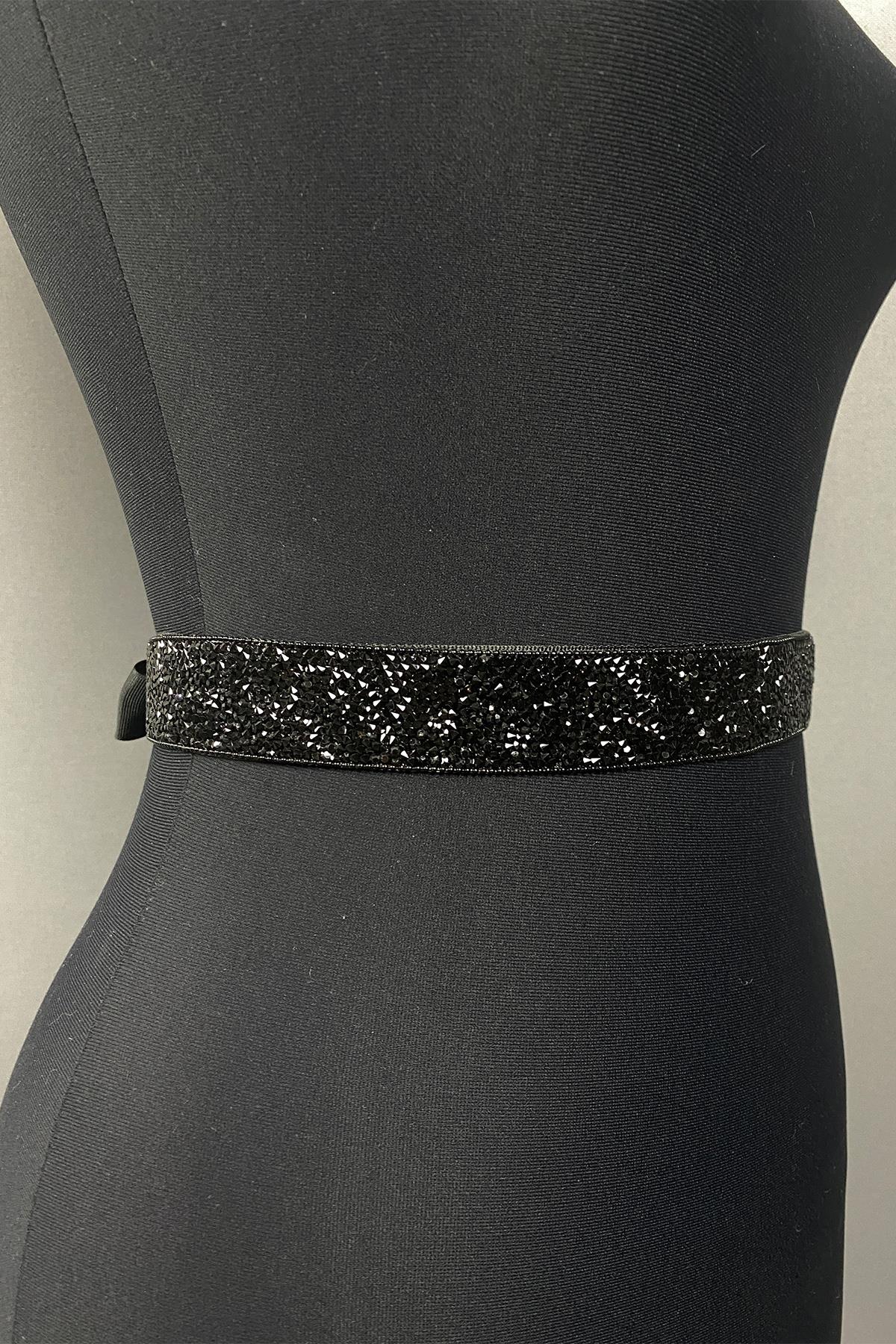 Siyah Boncuk İşlemeli Zincirli Taşlı Abiye Elbise Bel Kemeri