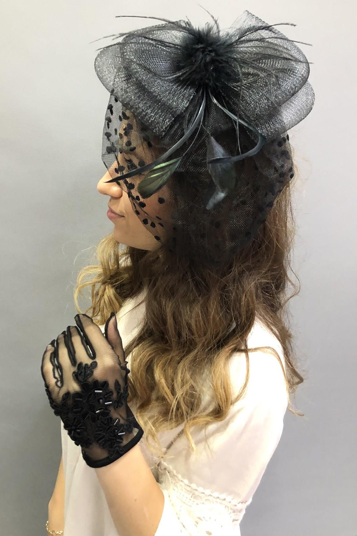 Wholesale Black Beaded Gloves-Vualet Wedding Hat