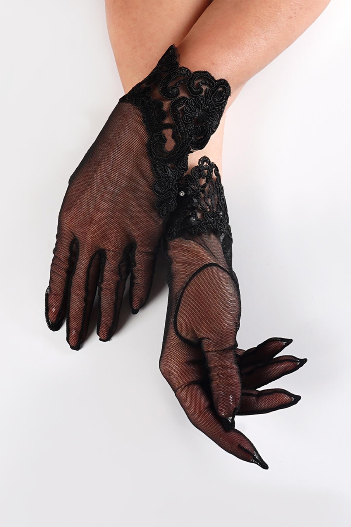 Black Lace Detailed Beaded Bridal Gloves