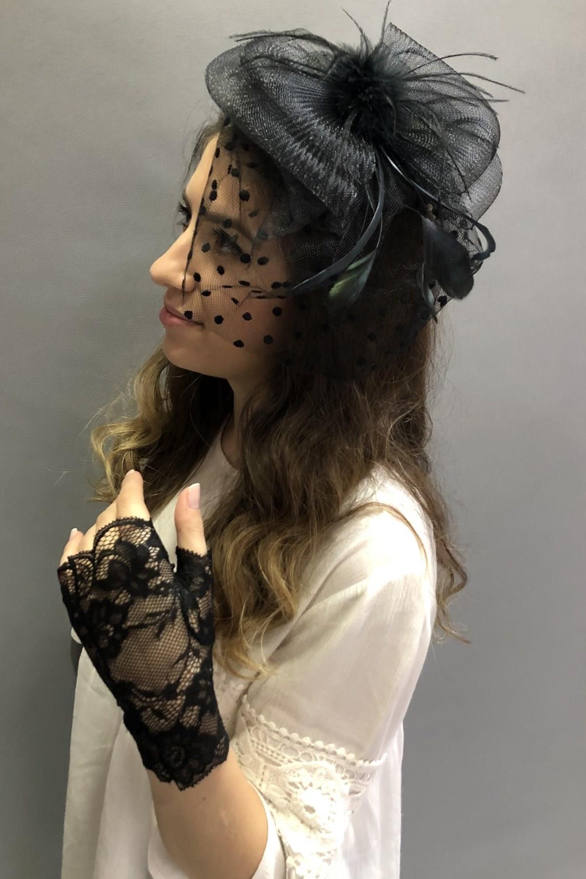 الجملة الدانتيل الأسود قفازات قصيرة قبعة الزفاف Vualet