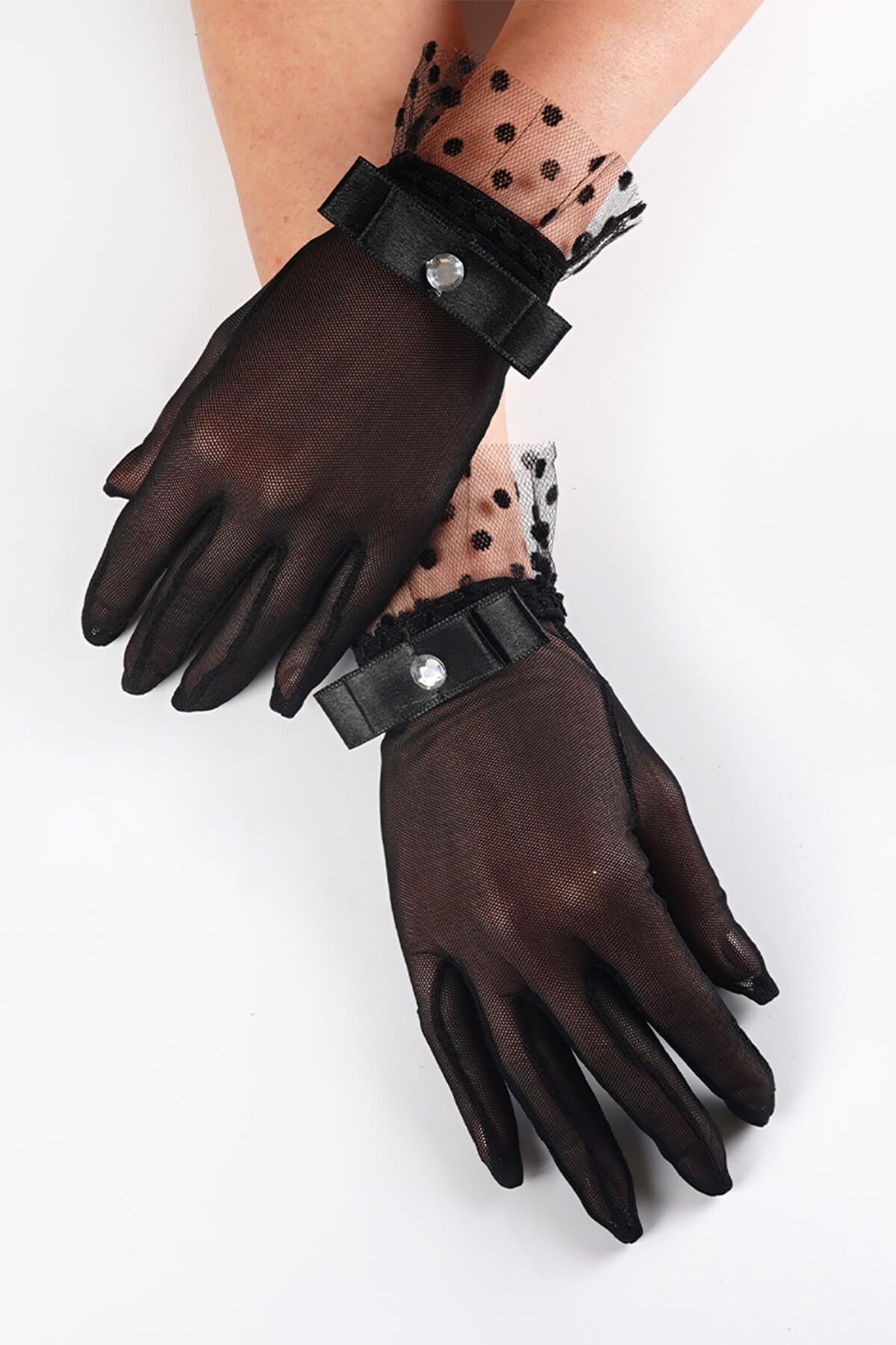 Black Plain Bow and Stone Bridal Gloves