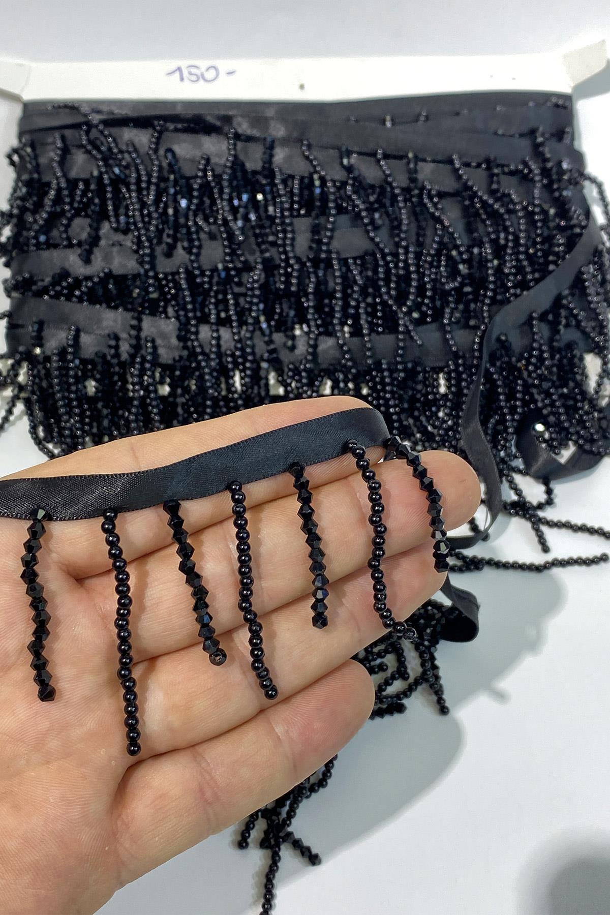 Siyah Kristal Boncuk Ve İnci İşlemeli Saçak Püskül