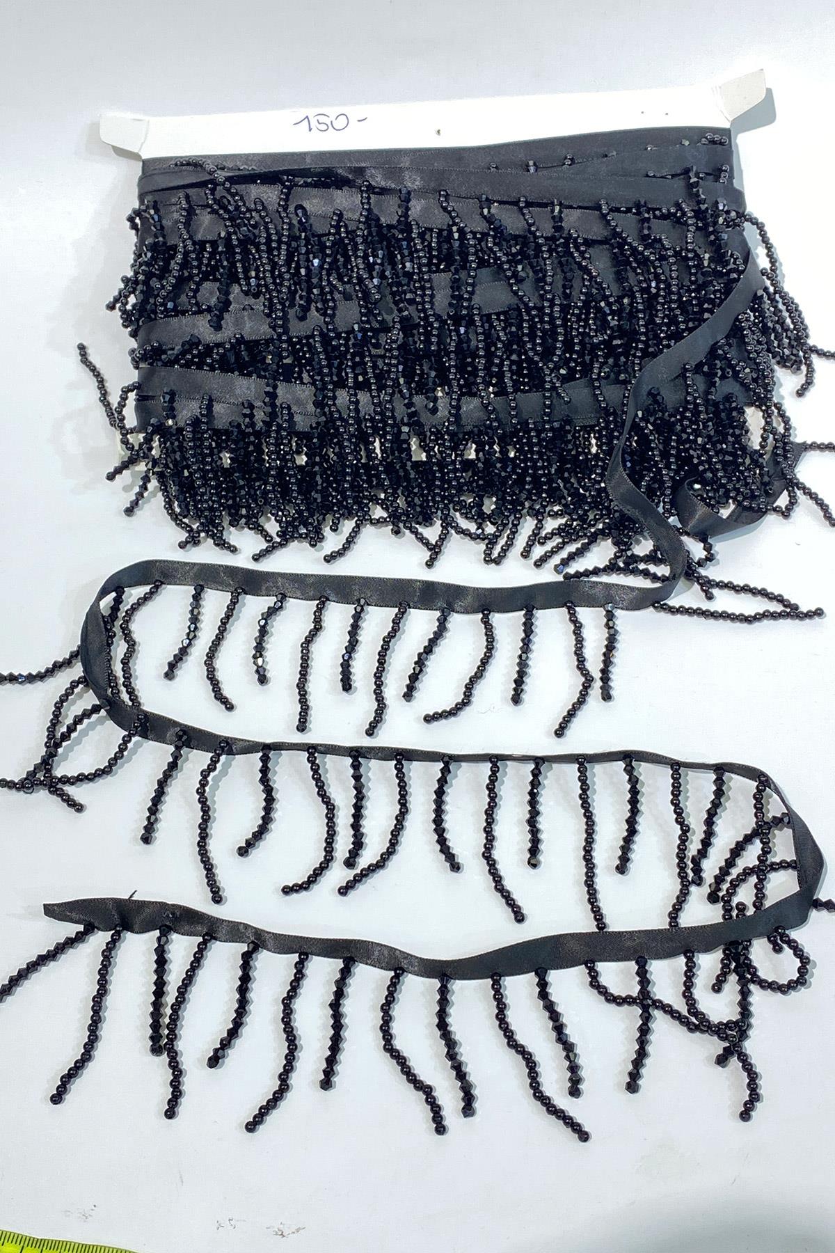 Siyah Kristal Boncuk Ve İnci İşlemeli Saçak Püskül