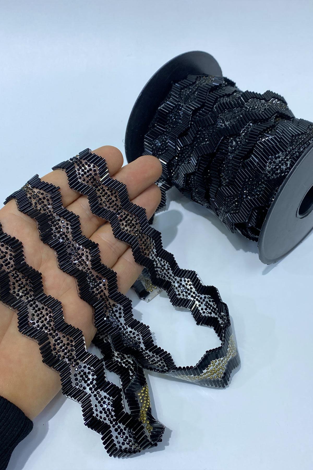 Black and Silver Beaded Iron-On Ribbon Applique