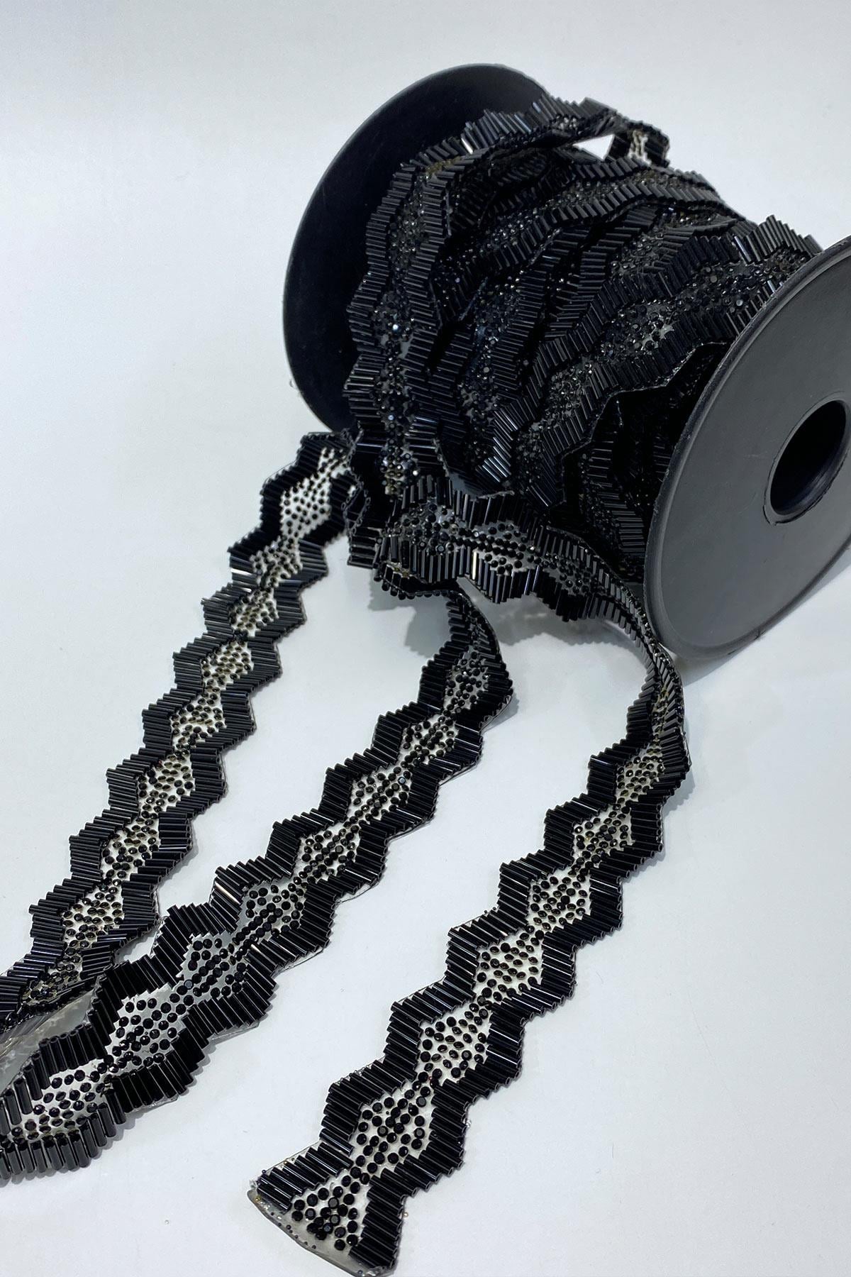 Black and Silver Beaded Iron-On Ribbon Applique