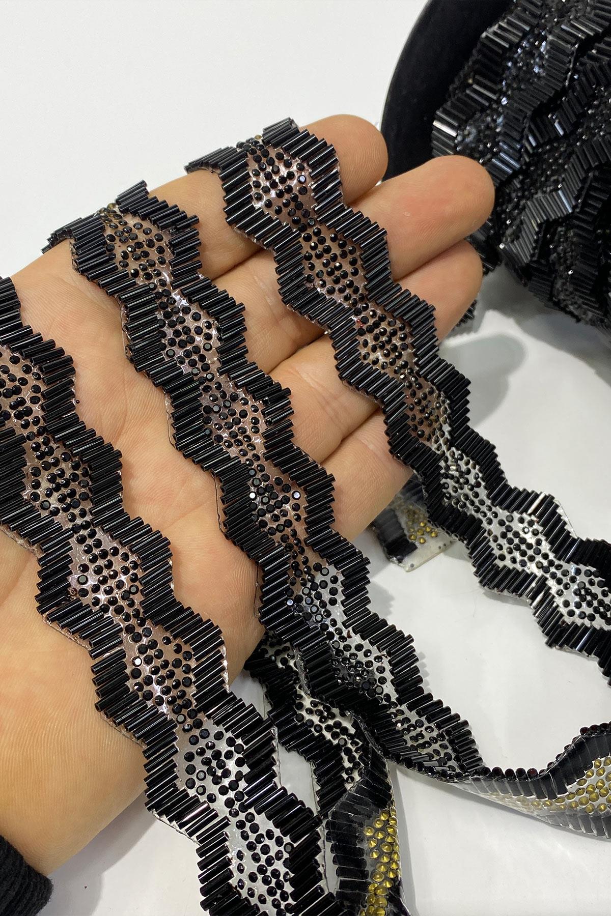 Black and Silver Beaded Iron-On Ribbon Applique