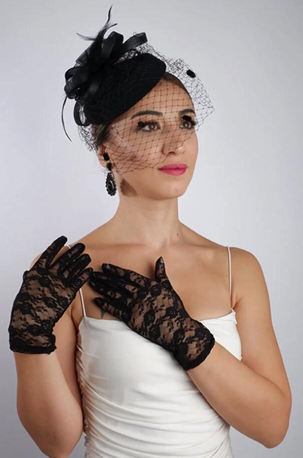 Siyah Kısa Dantelli Gelin Eldiveni Düğün Nikah Aksesuarı Fascinator Şapka Seti