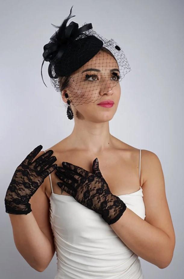 Siyah Kısa Dantelli Gelin Eldiveni Düğün Nikah Aksesuarı Fascinator Şapka Seti