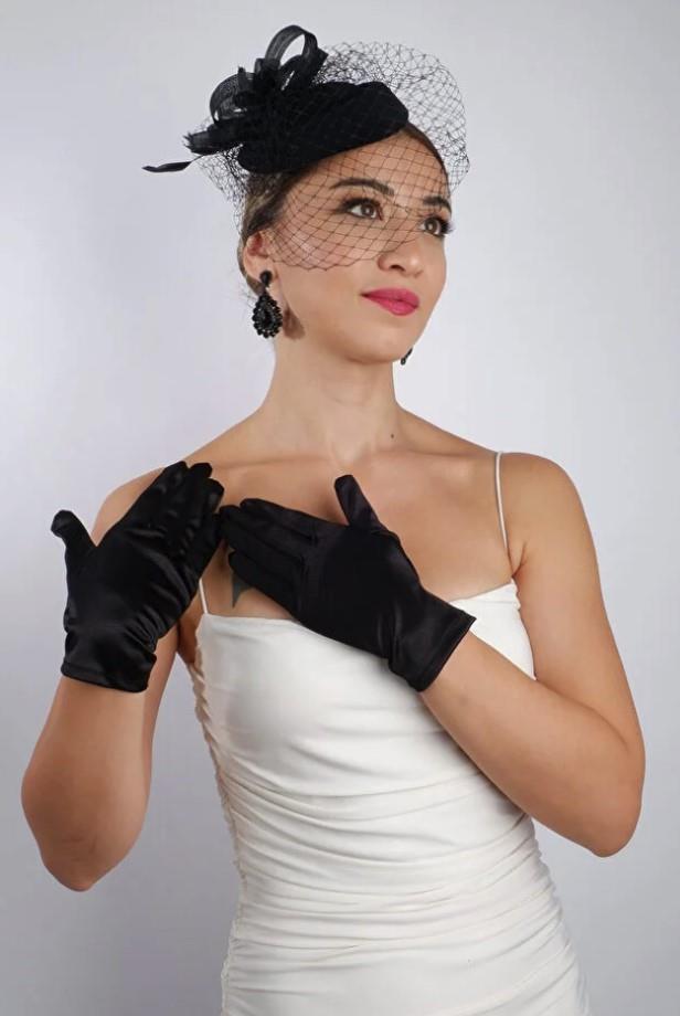 Black Short Bridal Gloves Wedding Accessory Fascinator Hat Set