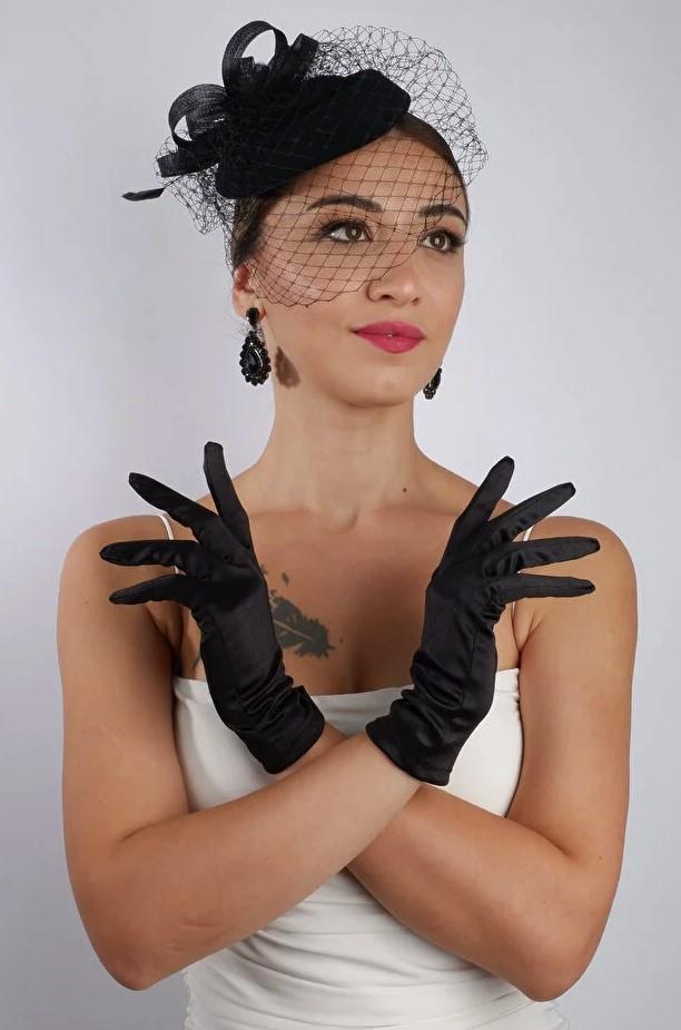 Black Short Bridal Gloves Wedding Accessory Fascinator Hat Set