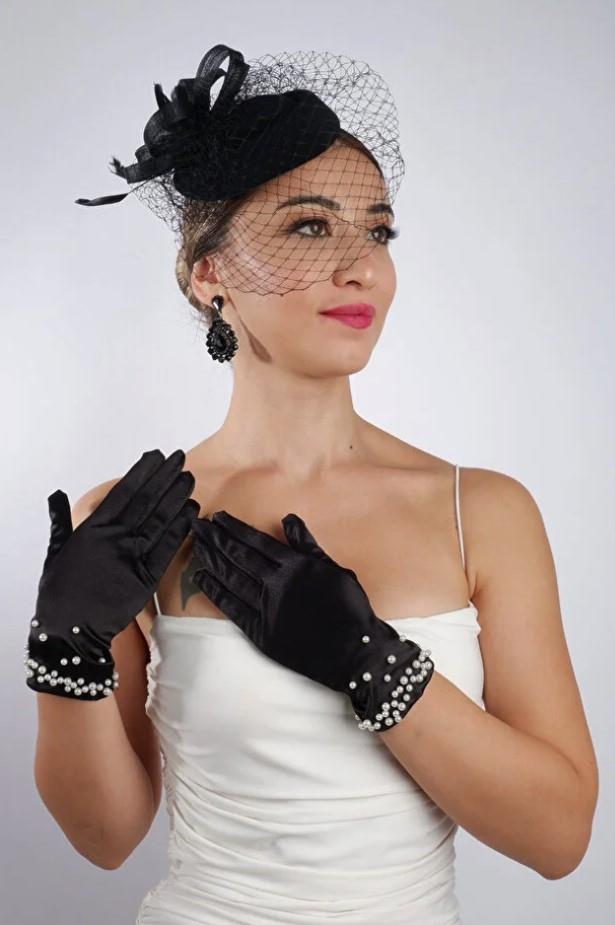 Siyah Kısa İncili Gelin Eldiveni Düğün Nikah Aksesuarı Fascinator Şapka Seti