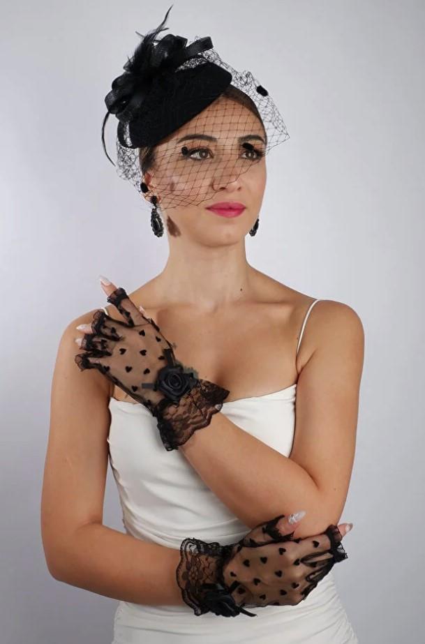 Black Short Heart-Shaped Bow Bridal Gloves Wedding Accessory Fascinator Hat Set