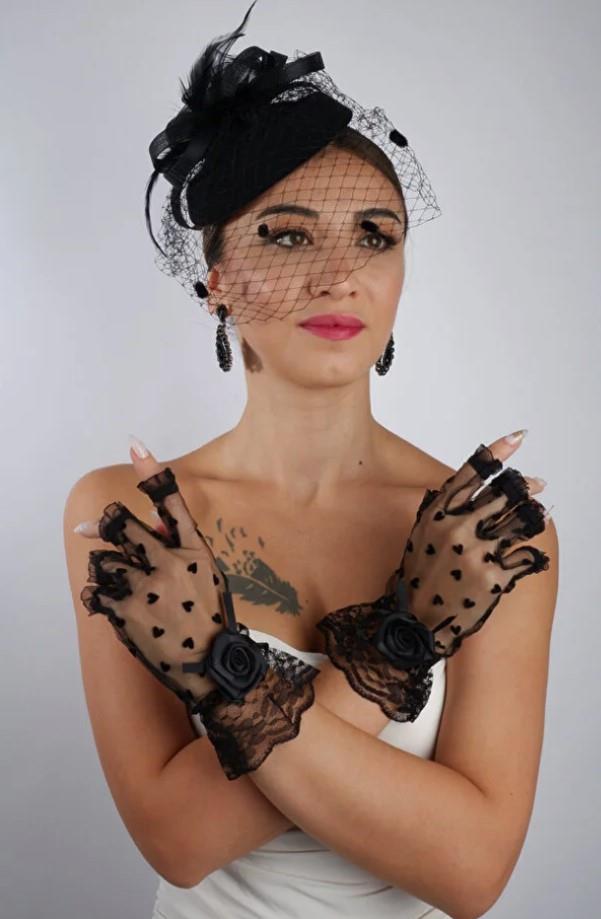 Black Short Heart-Shaped Bow Bridal Gloves Wedding Accessory Fascinator Hat Set