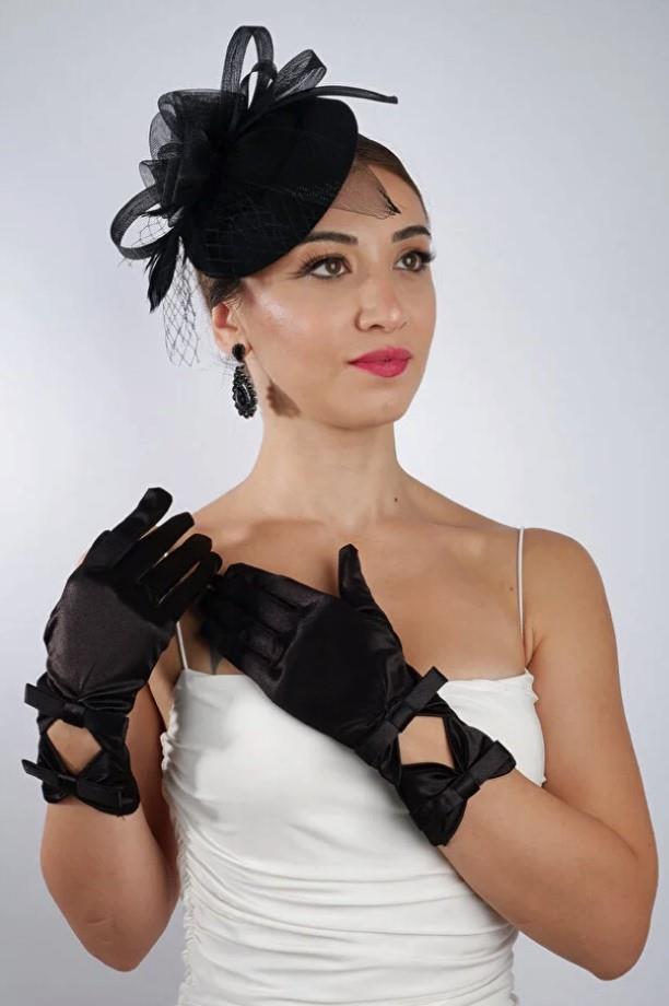 Black Short Satin Bridal Gloves Wedding Accessory Fascinator Hat Set