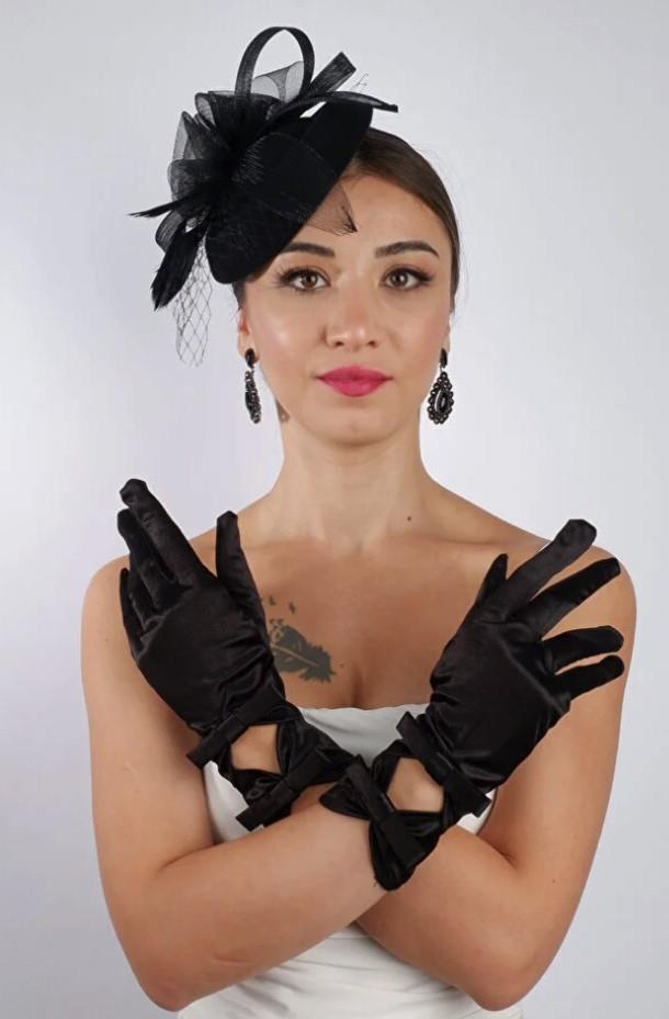 Black Short Satin Bridal Gloves Wedding Accessory Fascinator Hat Set