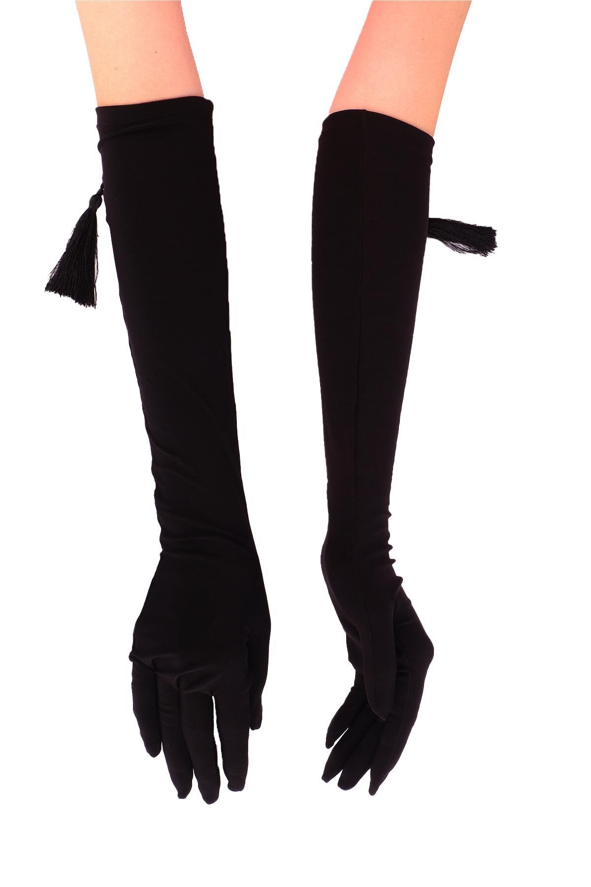 Wholesale Black Lycra Sendi Fabric Tasseled Long Gloves