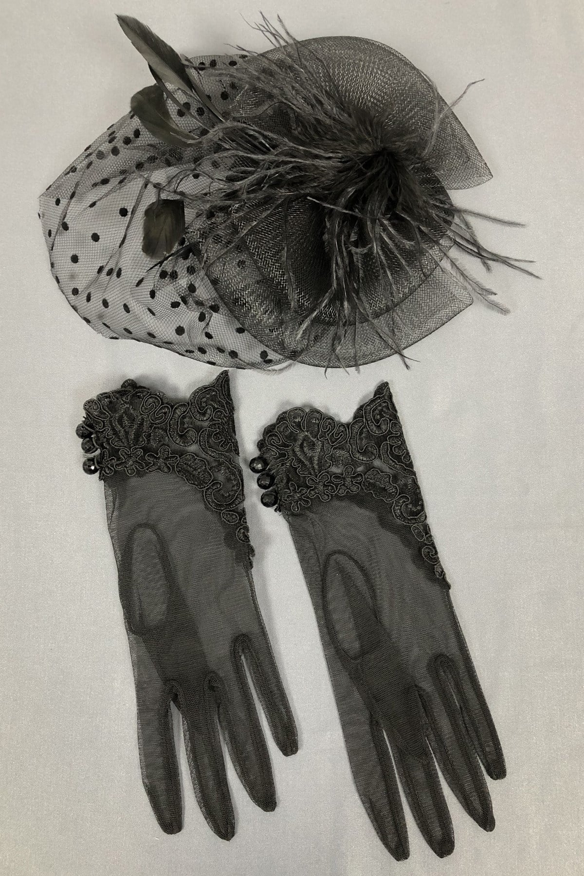 Black Wedding Hat and Lace Gloves Face Veils