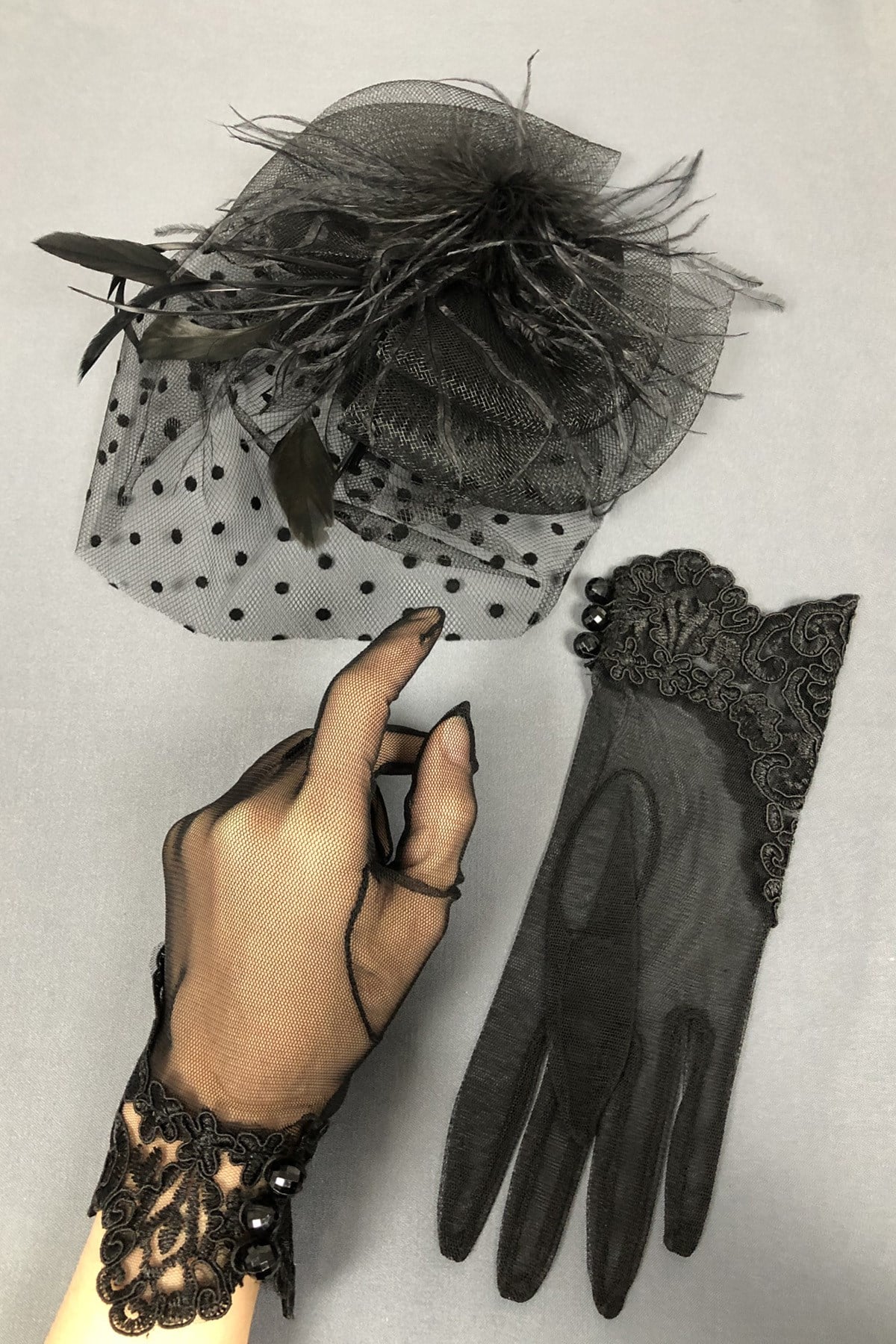 Black Wedding Hat and Lace Gloves Face Veils