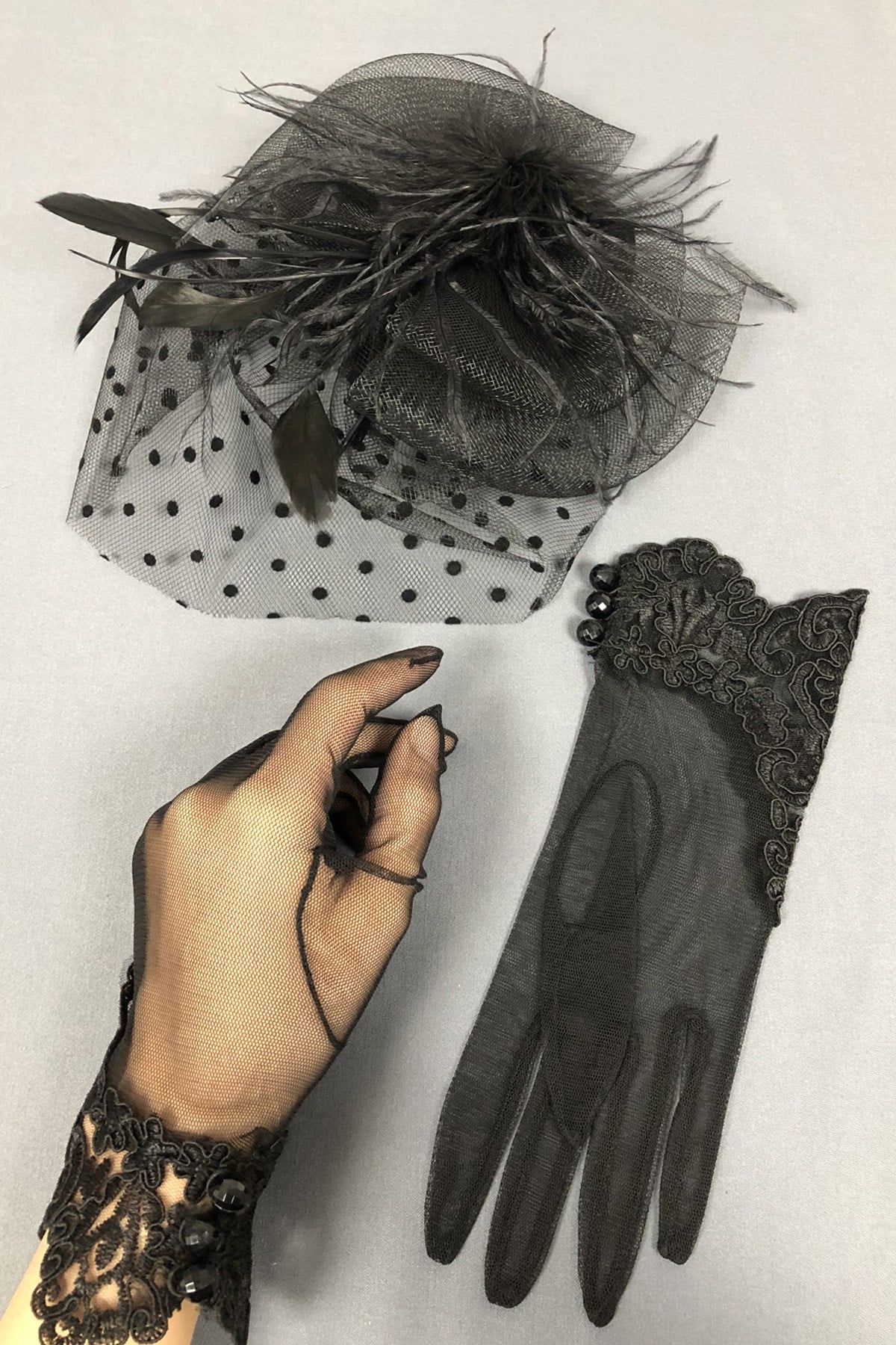 Black Wedding Hat and Lace Gloves Face Veils