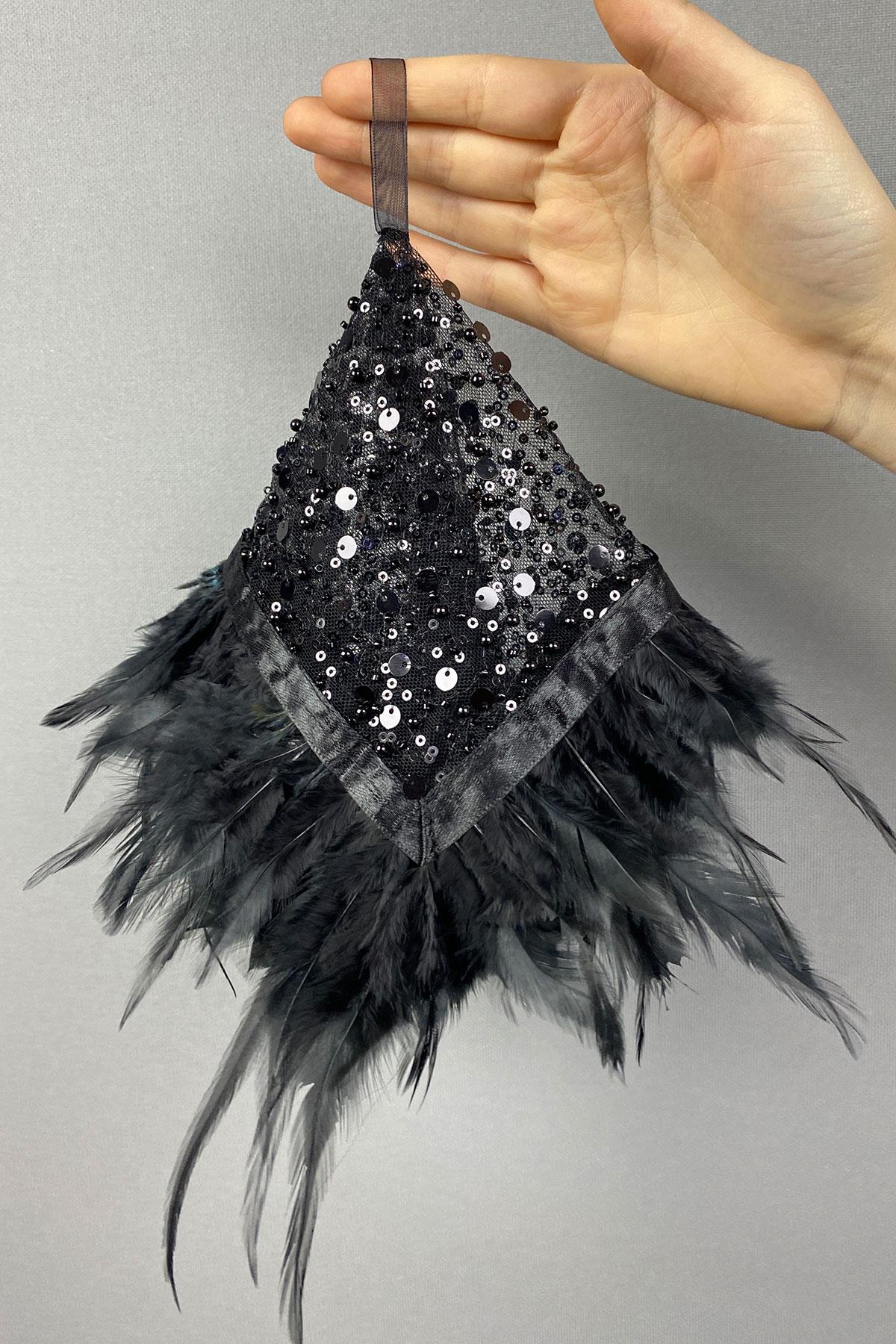 Black Authentic Bead Embroidered Hairy Bridal Halay Handkerchief 1 Piece