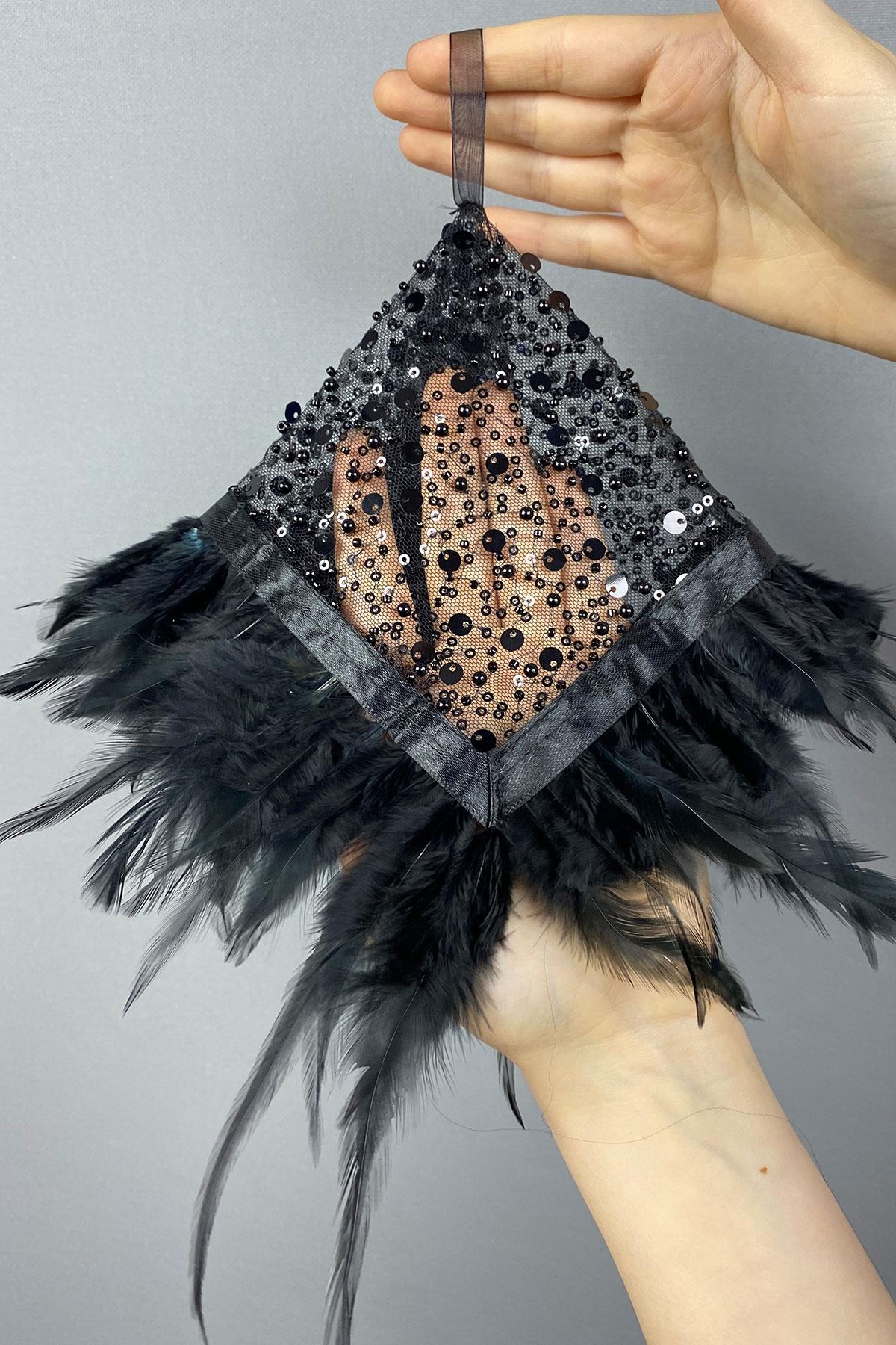 Black Authentic Bead Embroidered Hairy Bridal Halay Handkerchief 1 Piece