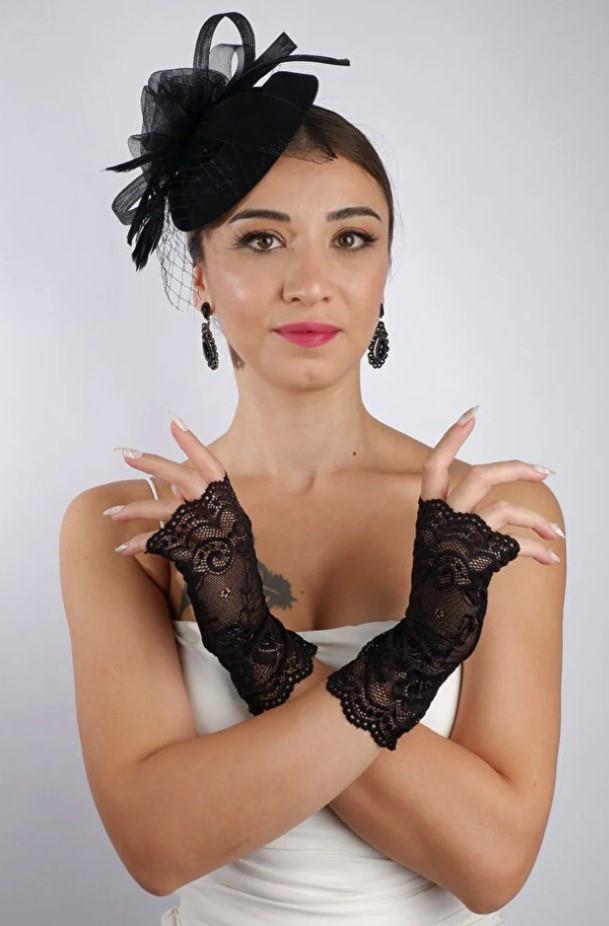 Siyah Parmaksız Dantel Gelin Eldiveni Düğün Nikah Aksesuarı Fascinator Şapka Seti