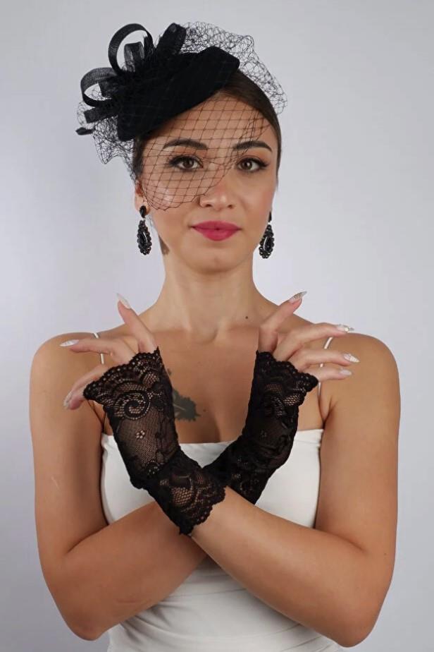 Black Fingerless Lace Bridal Gloves Wedding Accessory Fascinator Hat Set