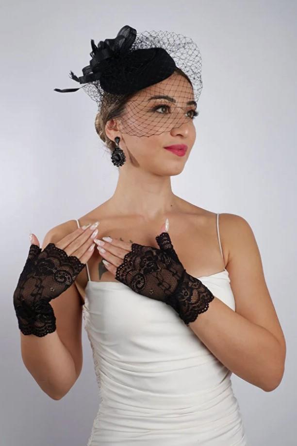 Black Fingerless Lace Bridal Gloves Wedding Accessory Fascinator Hat Set